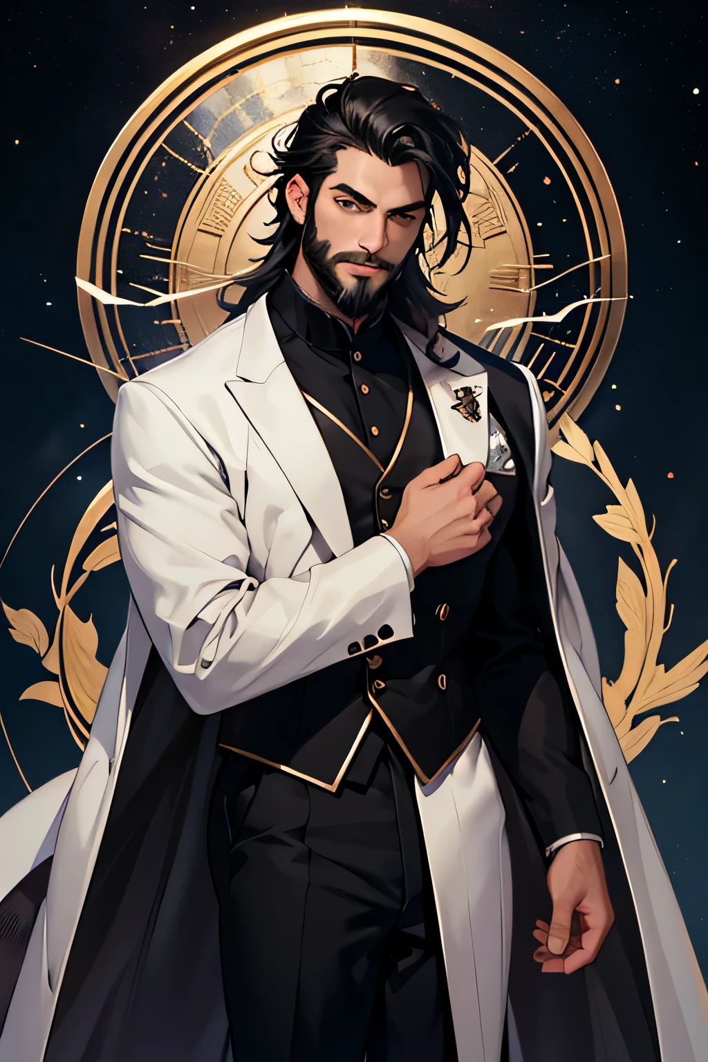 ((highest quality)), ((masterpiece)), (become familiar with),beautiful young man,black hair,black eye,beard,The background is space,thought,Silver Suit