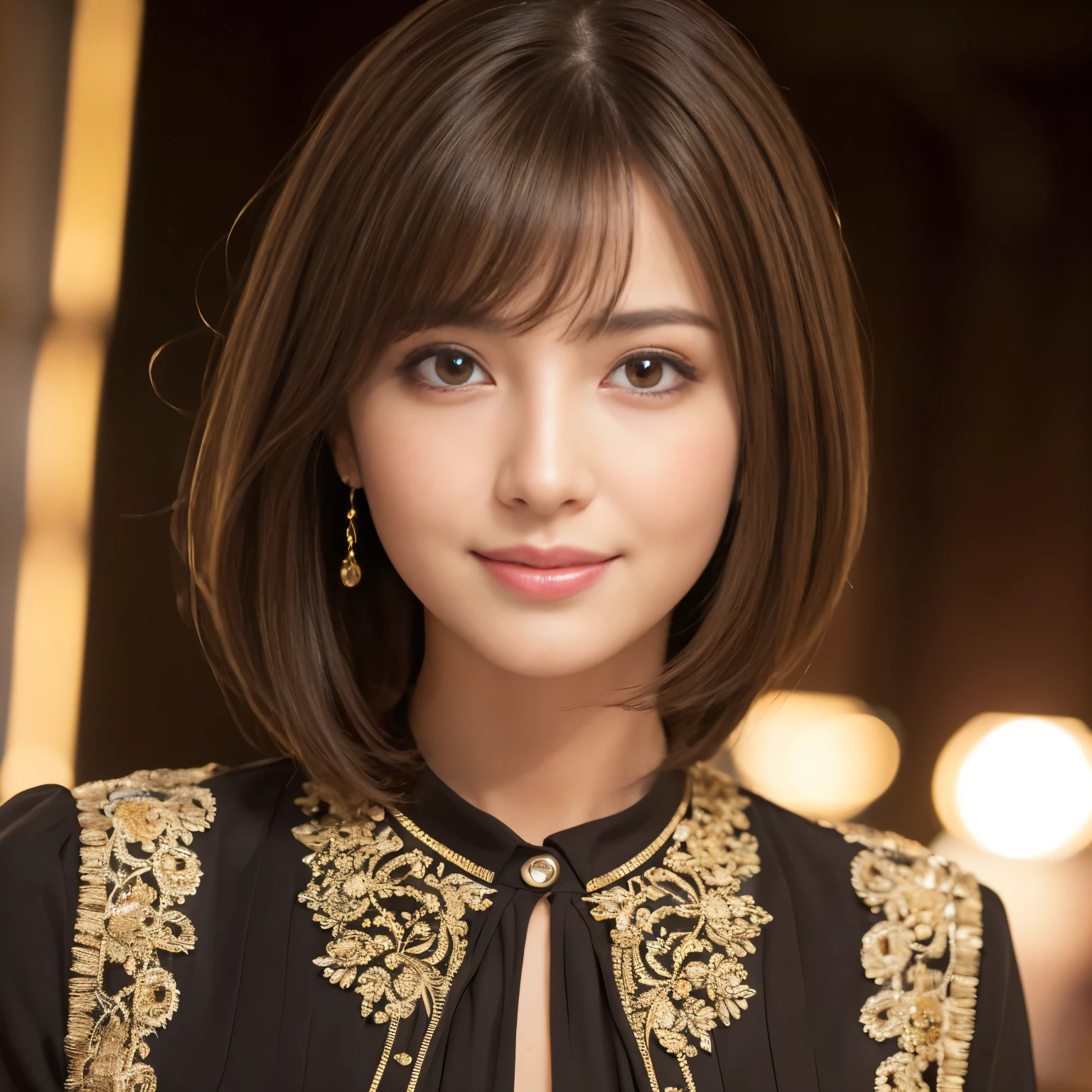 (Raw photo), (Photoreal), (masterpiece), (highest quality), High resolution, 8K resolution, (intricate details), (light with volume), Portrait, woman, 40 years, short hair, straight hair, layered hair, brown hair, highly detailed eyes, ordering sauce, highly detailed eyebrows, highly detailed skin, highly detailed mouth, highly detailed nose, cute like an idol, smile, ((thick lips)), ((look at the audience)), (Classy blouse)