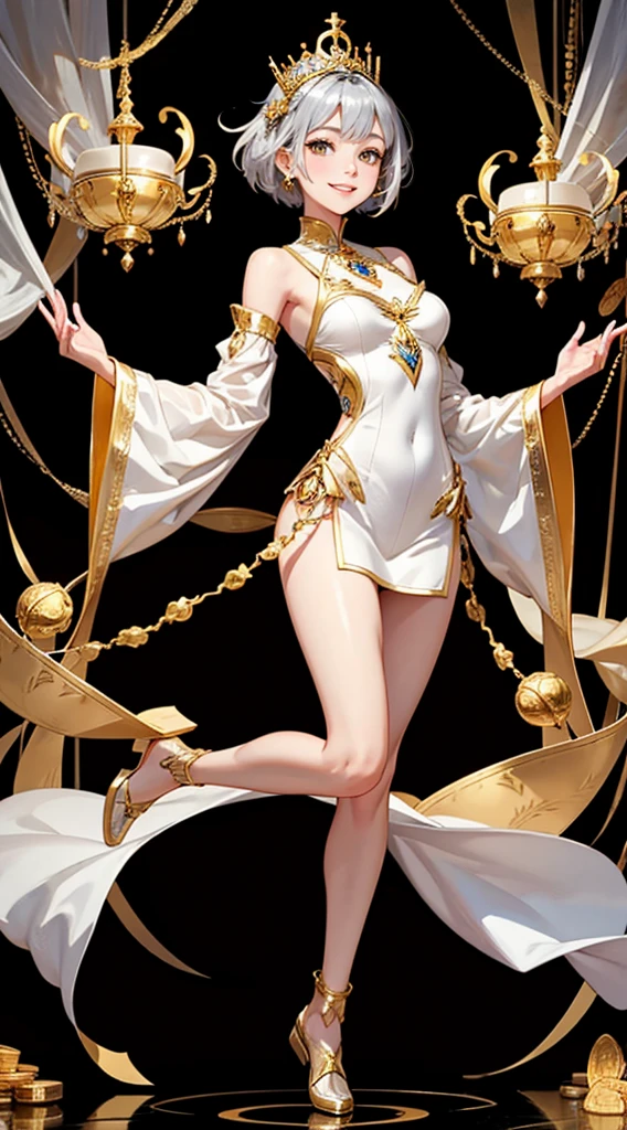 gold and silver full body suit、smile、very short hair,perfect legs、Perfect five-finger、Lots of gold coins、A background filled with many crowns, tiaras, chalices, and gold and silver treasures