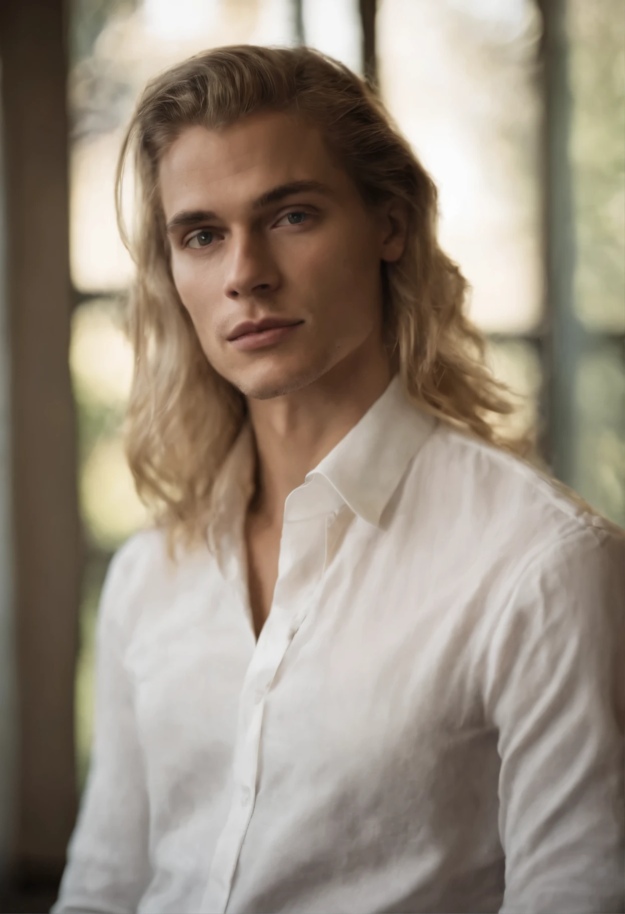 Portrait of a 30 year old young beautiful man, long blonde hair, beautiful man, androgynous, white shirt, elegant, and exquisite facial features. Full lips, and rich. Cute and sexy. Skinny model male