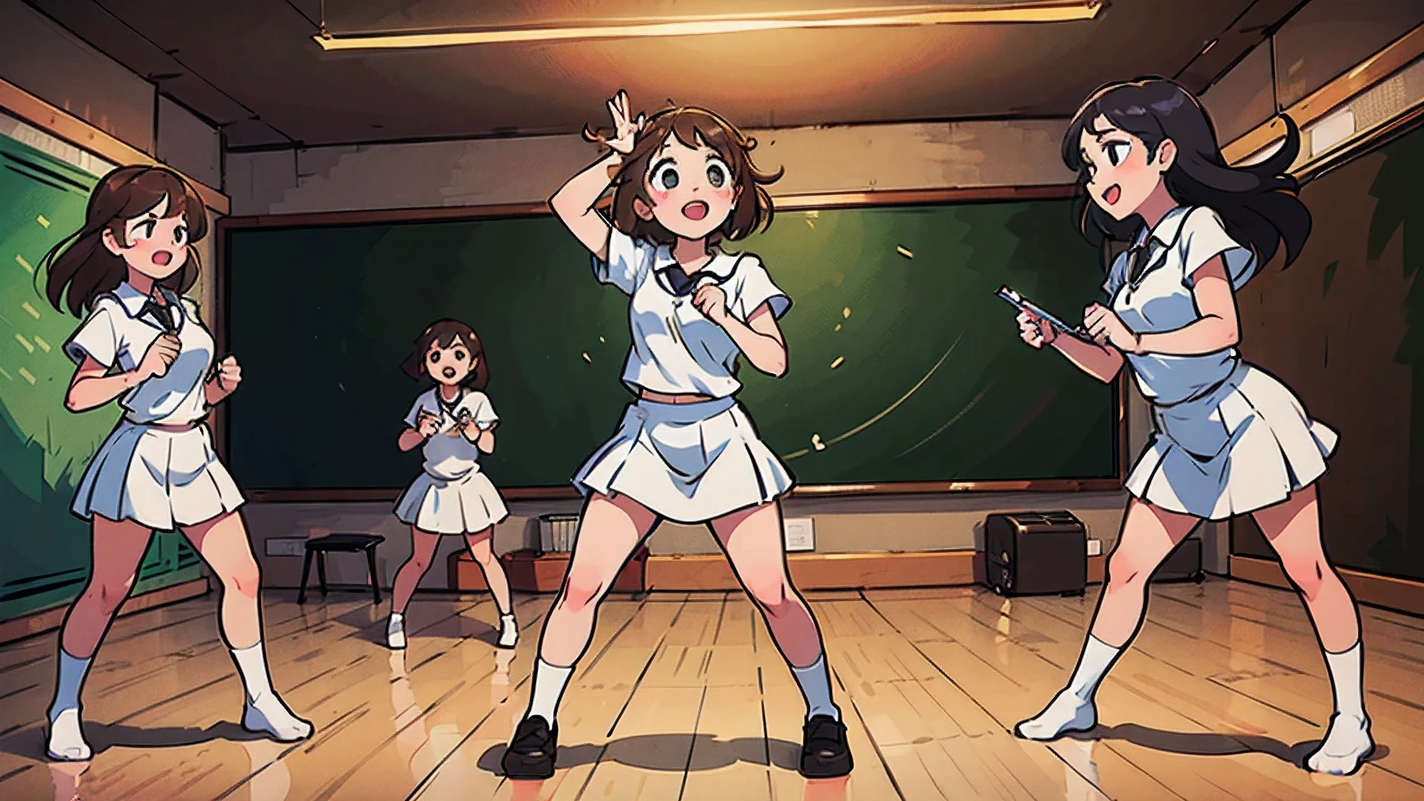 3 school girls ,engage in a lively rehearsal session, their passion for music filling the room. 