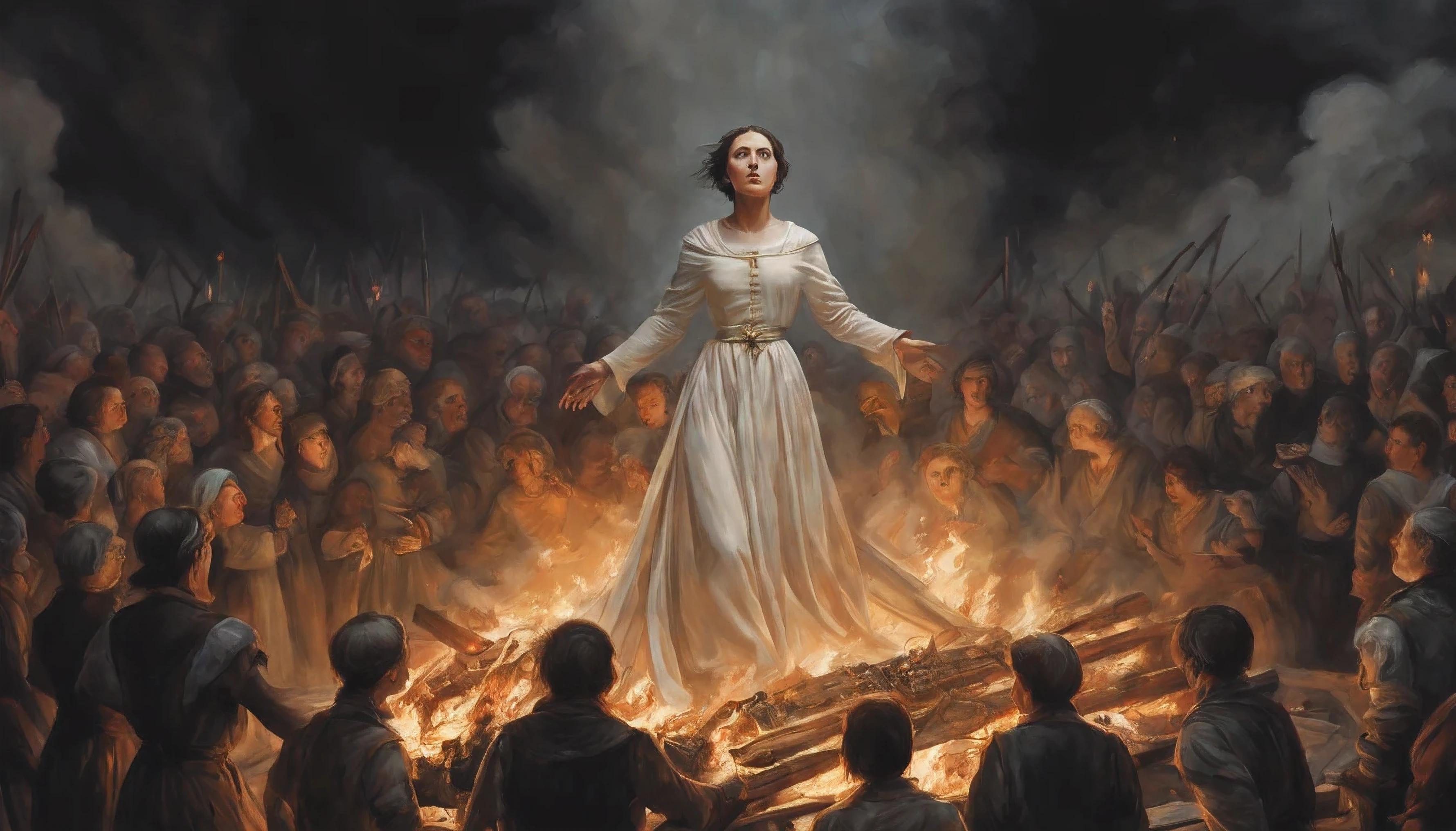 Joan of Arc is bound to a large pyre on a raised platform, around her there are a lot of townspeople, some townspeople are shouting, some townspeople are praying, her body is half engulfed in flames, wearing a white gown, she has black short hair without bangs, staring serenely at the sky, pale skin, dramatic lighting, dark weather, dark tones, super detailed, realistic, these are her final moments.