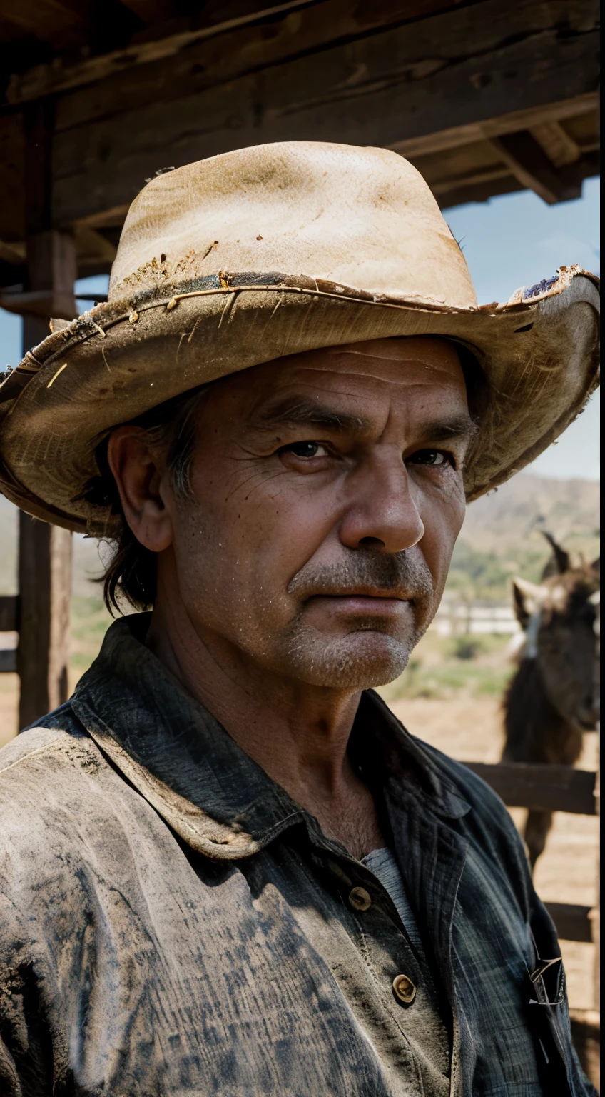 Masterpiece, Highest Quality, Ultra-Detailed, Hyper-Real, cowboy hat, Sam Neill, perfect face, FOTO FRONTAL, cinematic lighthing, Become a Goat Herder, 