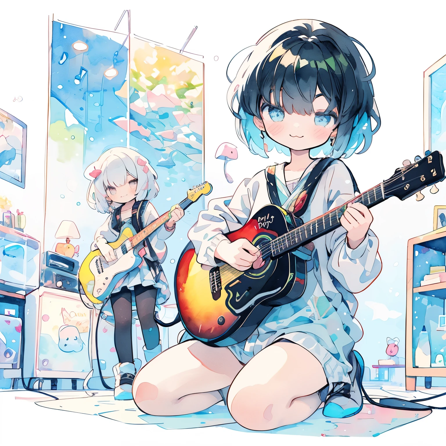 pastel colour:1.5)、(cute illustration:1.5)、(watercolor painting:1.2)、light blue background、with a girl、Full body Esbian、Laugh and laugh、Stranger、Pale yellow all over、Moya、marble、Colorful、jelly、Holding a guitar、Blue Guitar、looking at the viewer、music、musical note、Floating Notes、melodic、short hair、in the room、pretty girl、electric guitars、electric guitarsを持つ、two girls、twins
