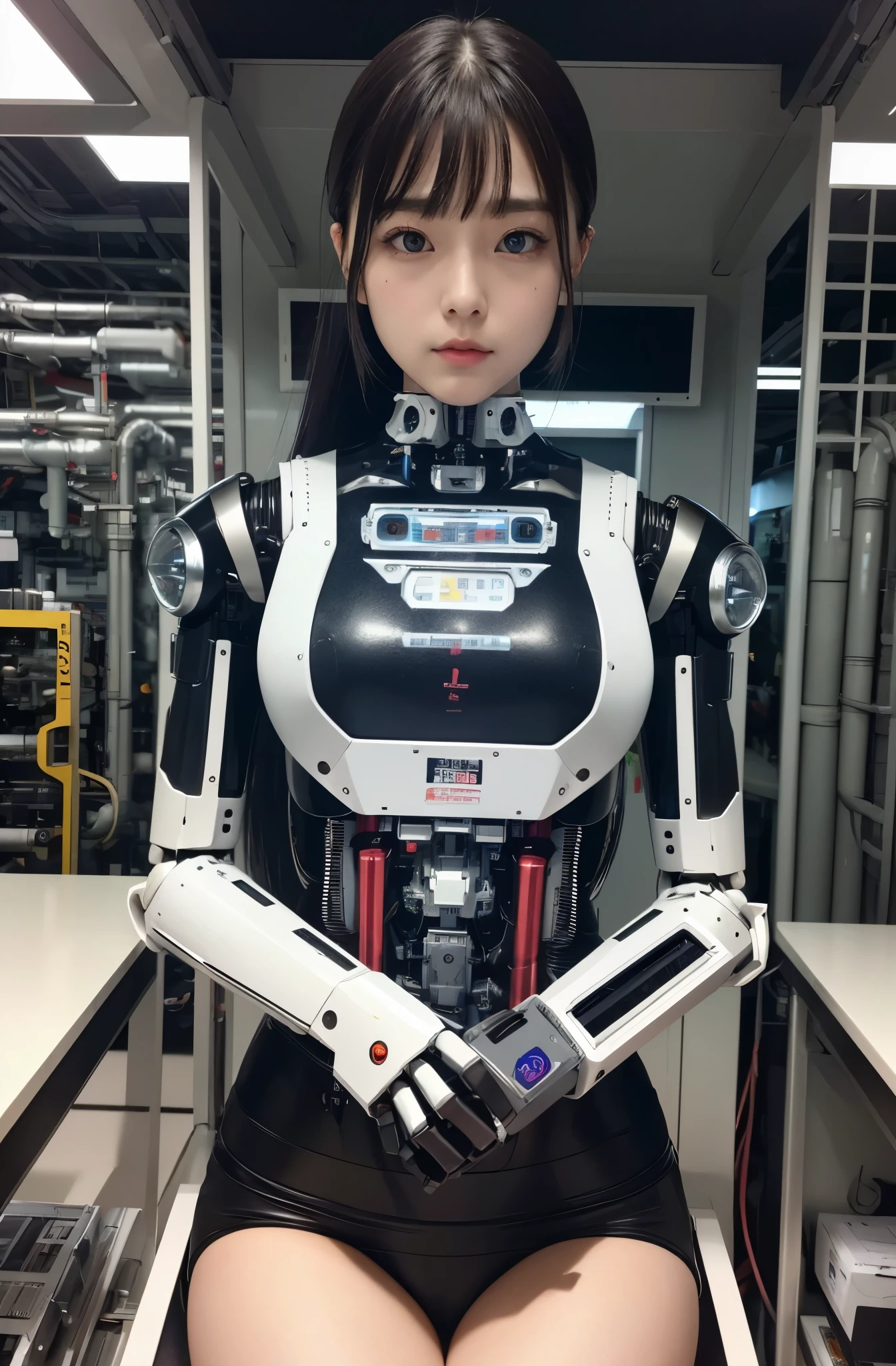 masterpiece, best quality, extremely detailed, Japaese android girls,two individuals,Plump , hug,control panels,android,Droid,Mechanical Hand, Robot arms and legs, Black hair,Blunt bangs,perfect robot girl,long tube,thick cable connected her neck,android,robot,humanoid,cyborg,japanese cyborg girl ,robot-assembly plant,She is assembled now,assembly scene,chest monitor,blue eyes