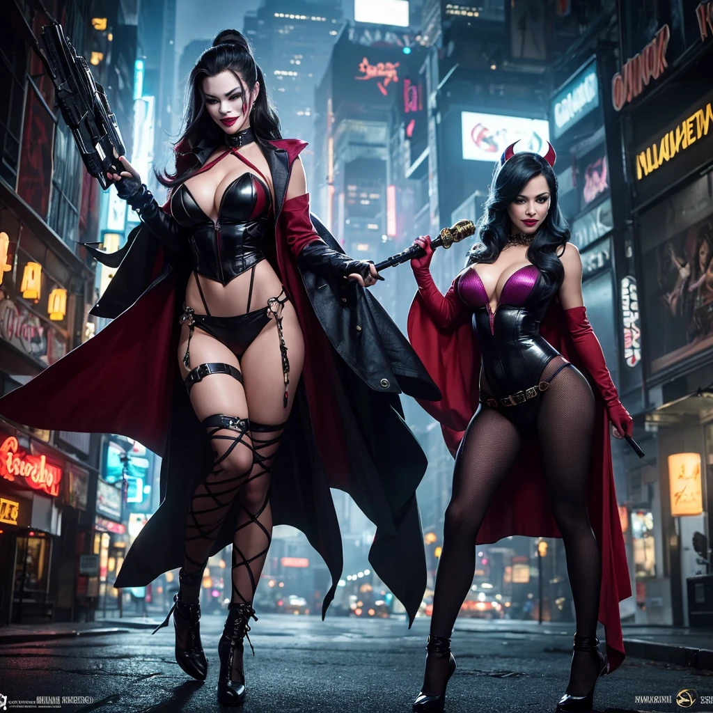 (complex two subjects) best quality,4k,8k,highres,masterpiece:1.2),ultra-detailed,(realistic,photorealistic,photo-realistic:1.37),(Sofía Vergara as the sexy Joker. With her alluring charm, she embodies the mischievousness and playfulness of the character. Her eyes captivate with their mesmerizing gaze, drawing you into her world. Her detailed lips, slightly parted in a seductive smile, add to her allure. Iconic Joker makeup, iconic Joker hair dye, insane sexy hair)(subject 2), Kelly Hu takes on the role of Harley Quinn, exuding a distinct sense of craziness and mischief. She flirts with danger and steals the spotlight with her flirtatious expressions and exaggerated gestures. Her vibrant makeup and colorful hair reflect the colorful chaos that surrounds her. The scene is set in the immersive world of Gotham City, with its dark and brooding atmosphere. The city skyline, illuminated by the neon lights of the Joker's antics, creates a haunting backdrop. Both characters are armed with Joker weapons, showcasing their dangerous and unpredictable nature. Sofía Vergara wields an intricately designed weapon, showcasing her power and control. Kelly Hu's weapon complements her wild and unpredictable personality, adding an extra touch of chaos to the scene. The color palette leans towards vibrant and bold hues, reflecting the flamboyant and larger-than-life personalities of the characters. The lighting is dramatic, casting shadows and highlighting the characters' features, adding depth and intensity to the scene. The resulting image is a high-quality masterpiece that captures the essence of these two iconic characters, bringing them to life in a visually stunning and immersive way. (show both women, full body shot, head to toe)