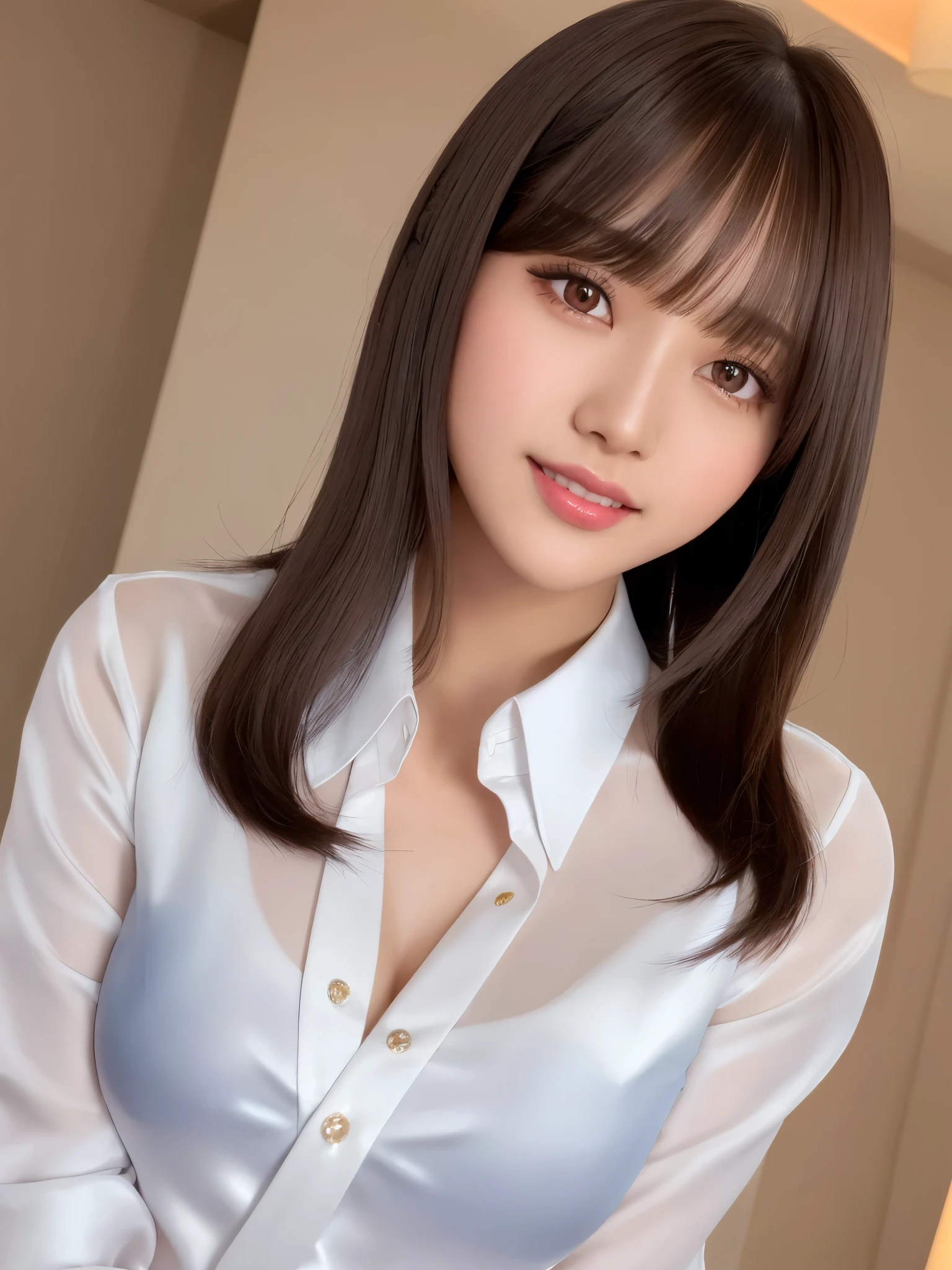 product quality, 1girl, upper body shot, front view, a Japanese young pretty girl, long bob hair, standing with a big smile in a luxury hotel room, glamorous figure, wearing a white collared silky satin shirt of long sleeves over shiny satin white panties, satin dark blue long plain tie, shiny satin cheongsam in her arms, hyper cute face, glossy lips, double eyelids in both eyes, natural makeup, long eyelashes, shiny smooth light brown long bob hair, asymmetrical bangs, a tanned skin, central image, high resolution, high detail, detailed hairstyle, detailed face, spectacular cinematic lighting, octane rendering, vibrant, hyper realistic, perfect limbs, perfect anatomy