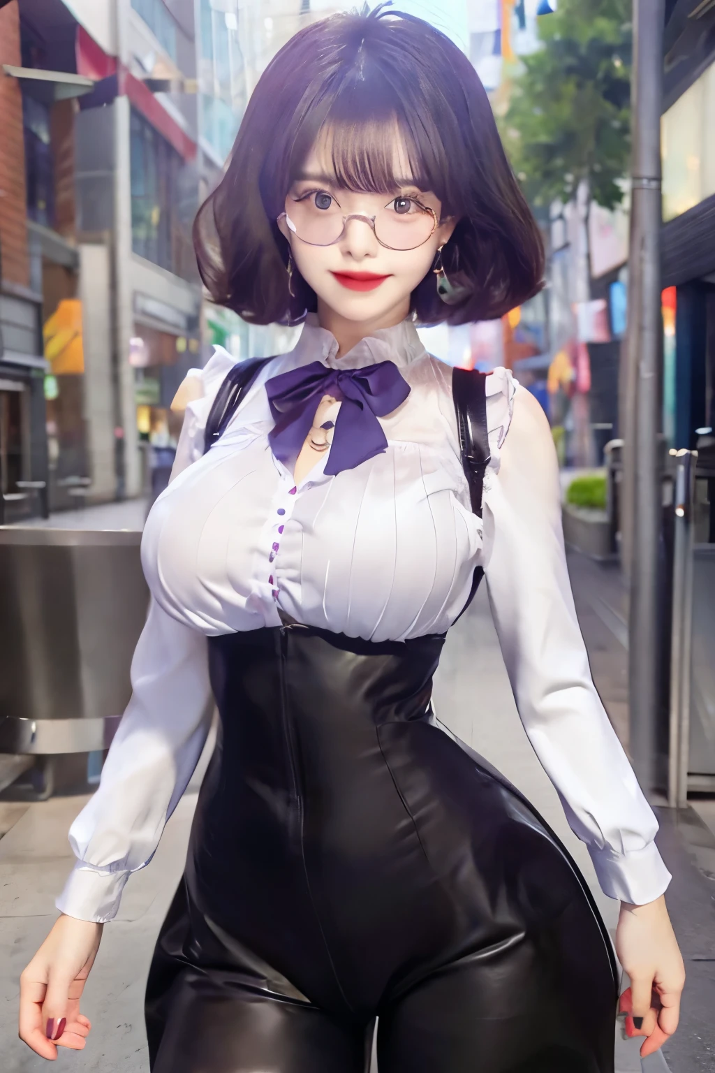 1 woman with short purple hair, wearing purple ribbon glasses, large breasts, tight clothes