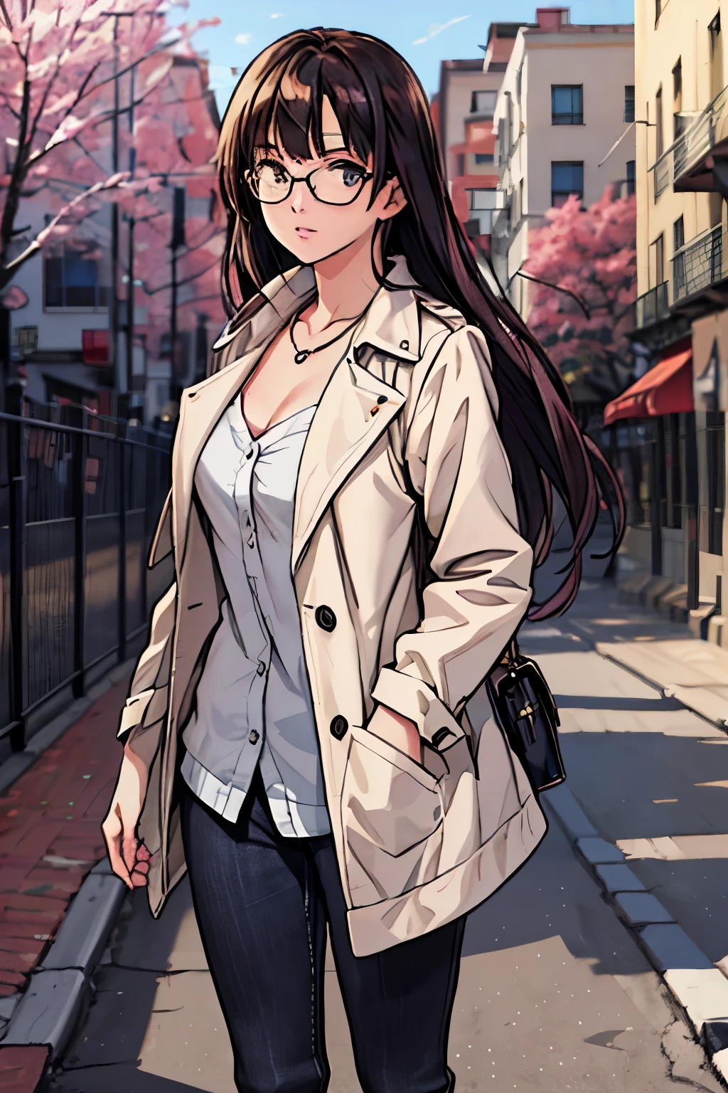 (highest quality,4K,8K,High resolution,table top:1.2), super detailed, (realistic,photorealistic,photo-realistic:1.37),((full body)), Unfortunate,Glasses,((black hair)), ((long hair)),beige trench coat,necklace,high heels,beautiful and fine eyes, beautiful detailed lips, highly detailed eyes and face, long eyelashes, realistic anime 3D style, Smooth anime CG art, Digital rendering by Makoto Shinkai, Moe anime art style, photorealistic rendering of an anime girl, Shinkai Makoto style, Cute anime girl visuals, realistic young anime girl, girl fan art, Created by Anime Artist&#39;studio of.