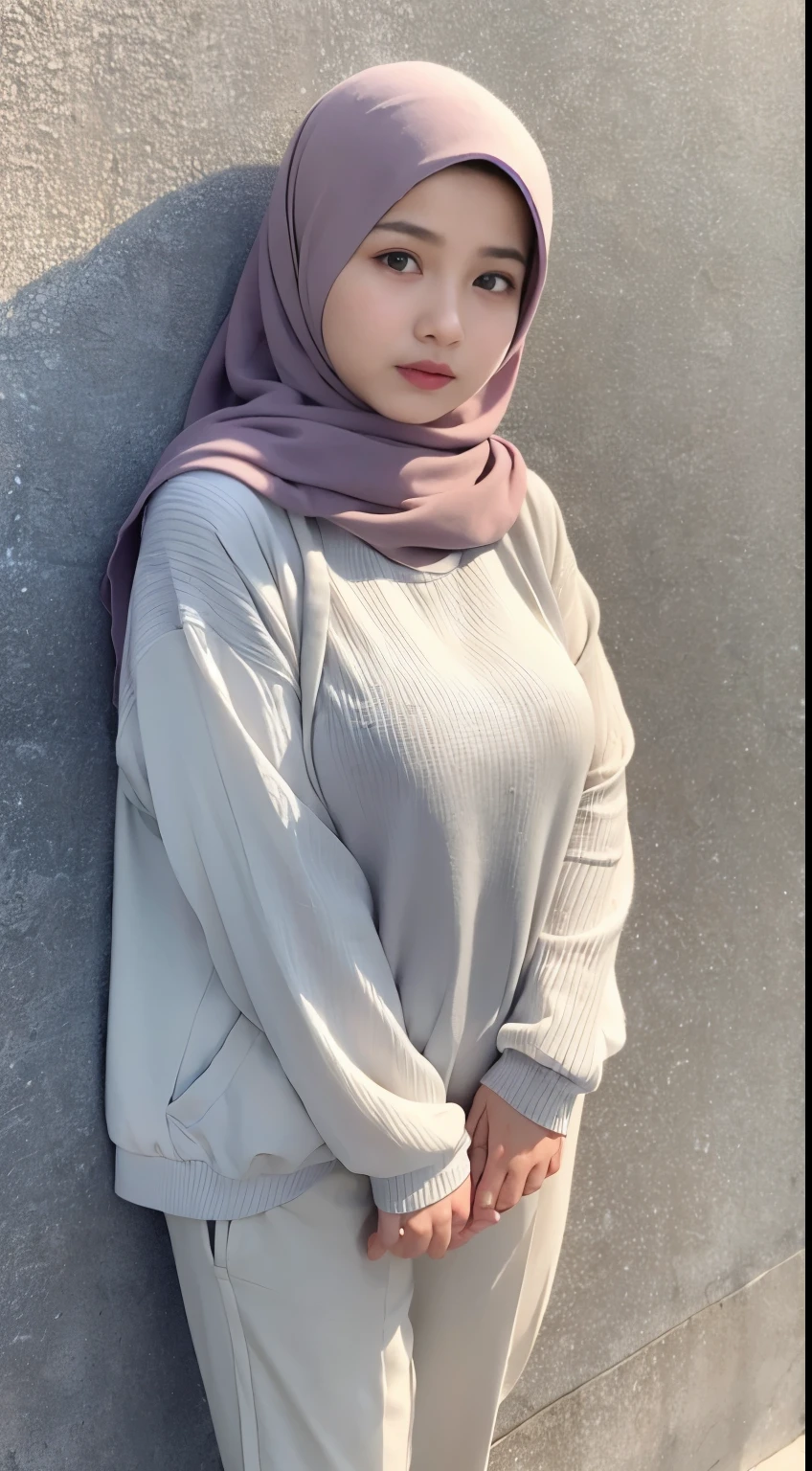 1 , 10yo, baby face, modern plain hijab, shy, medium portrait shot , watery eyes ,lip watery, lip glossy, open mounth, ((medium breast)), wear Half Button Rib Knit Tee with pastel color jacket and High Waist Plicated Detail Suit Pants, (big breast) , flower garden background, bokeh background, proportional body,