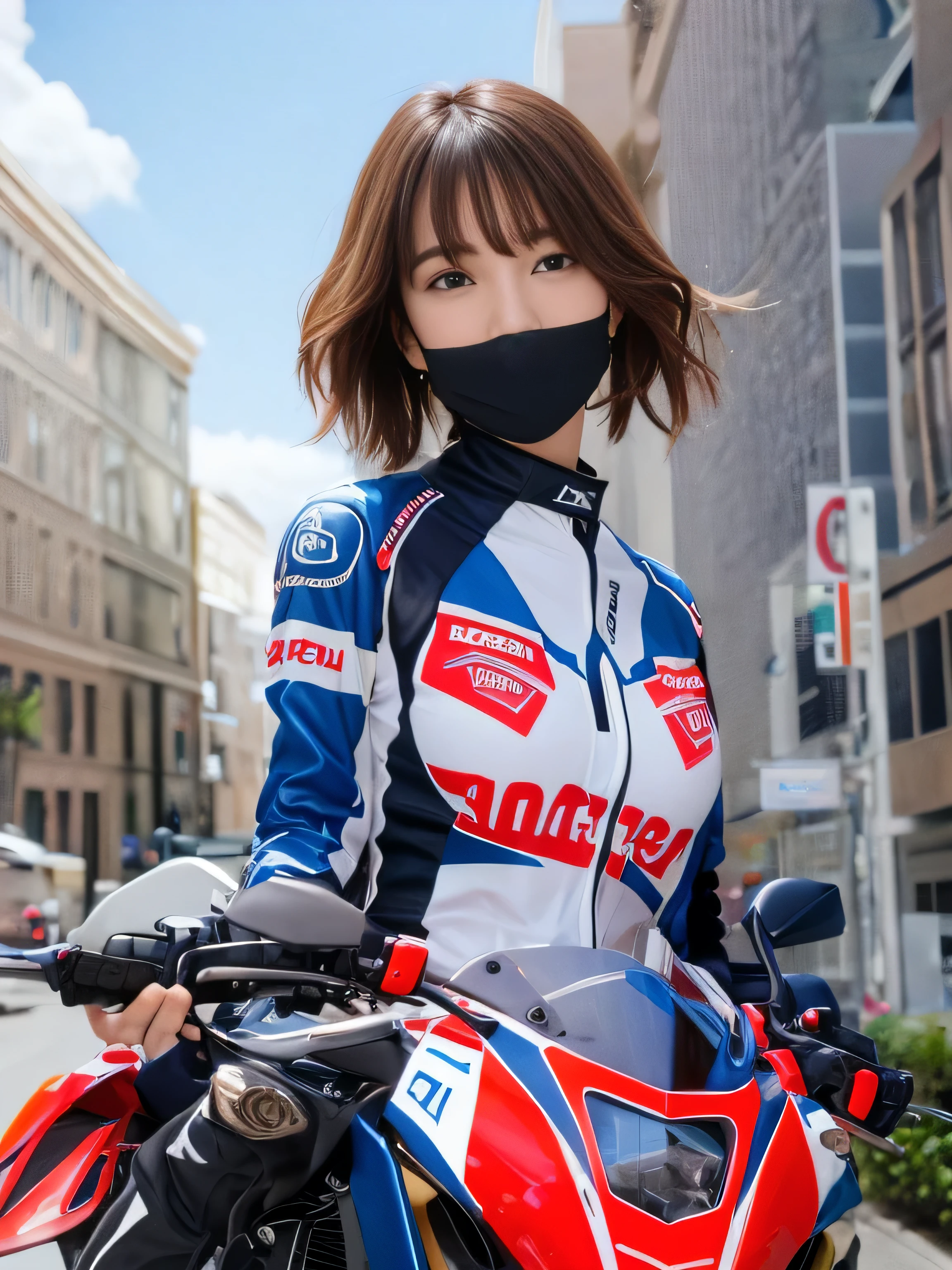 8K,ultra high resolution,highest quality、masterpiece、ultra high resolution、(photo-realistic:1.4)、(1 girl)、(ride a motorcycle:1.4)、long sleeve、(leather blue&Sexy Racing Suit in White)、(short hair)、(hair blowing in the wind)、ultra detailed human face、Moisturizing and beautiful eyes, ultradetailed teeth、pink lipstick、circuitry、race bike、Charm,big and full breasts,captivating gaze,riding on motorcycle,my chest is open, blue sky,