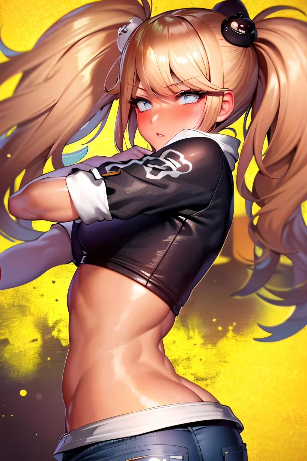 Big breasts, big crop top, big butt, small tight Jean shorts, tan skin, blushing, ahegao