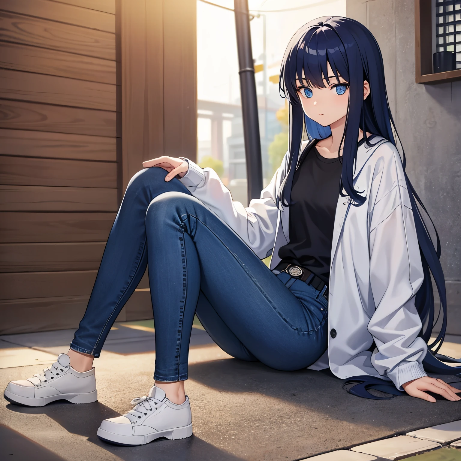 eye color is blue long hair 20 years old jeans