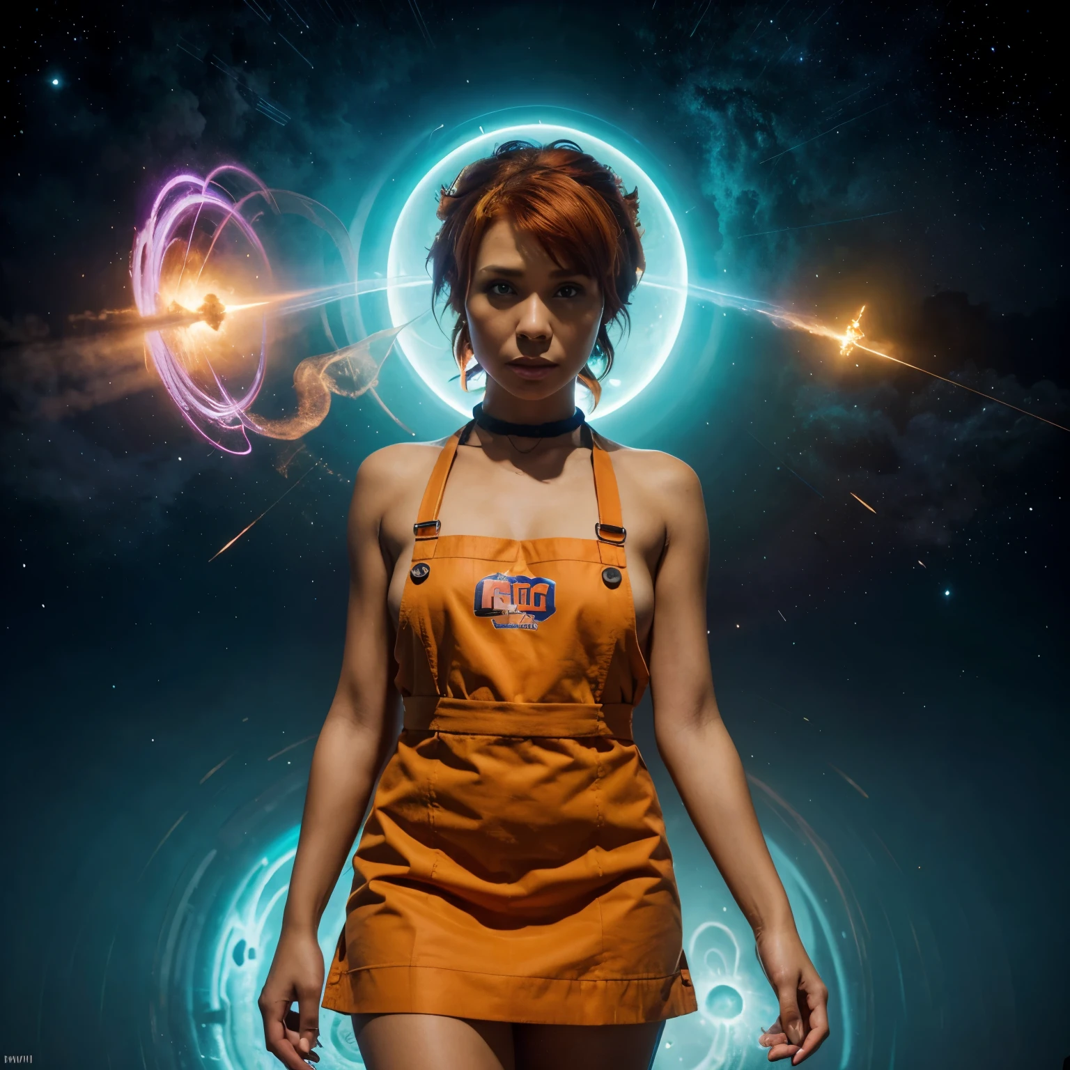 concept art, overhead angle of a Will-o'-the-wisp, wearing Funny Somali Emerald deep orange Pinafore, Caramel hair styled as Short hair, fluorescent purple Hair tie, equirectangular 360, Highres,  [(art by Willi Baumeister:1.1), (art by John T. Biggers:1.2)::17], official art, unity 8k wallpaper, ultra detailed, aesthetic, masterpiece, best quality, photorealistic