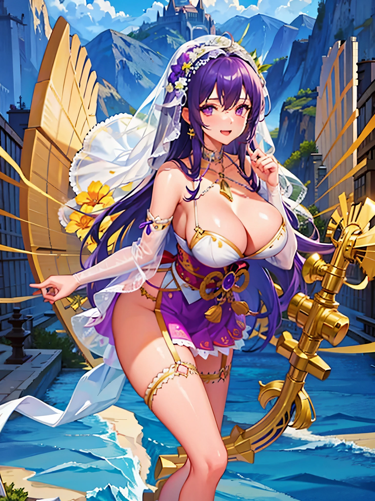 masterpiece, gorgeous face, 1girl, solo, leg fishnets, violet hair, very large breasts, veil, Greek clothes, almost naked