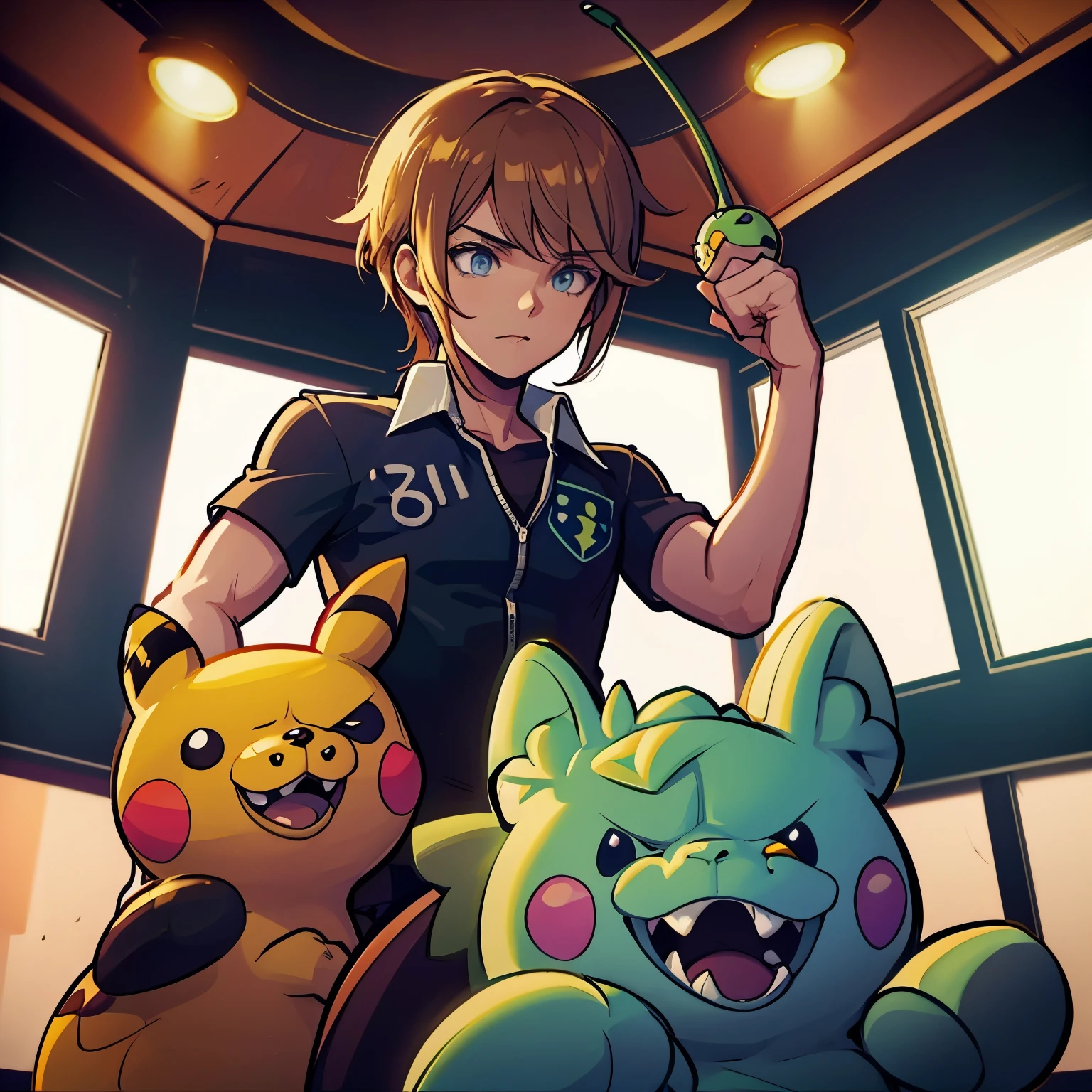 Steve irwin training Pikachu and Bulbasaur in a Pokemon Gym