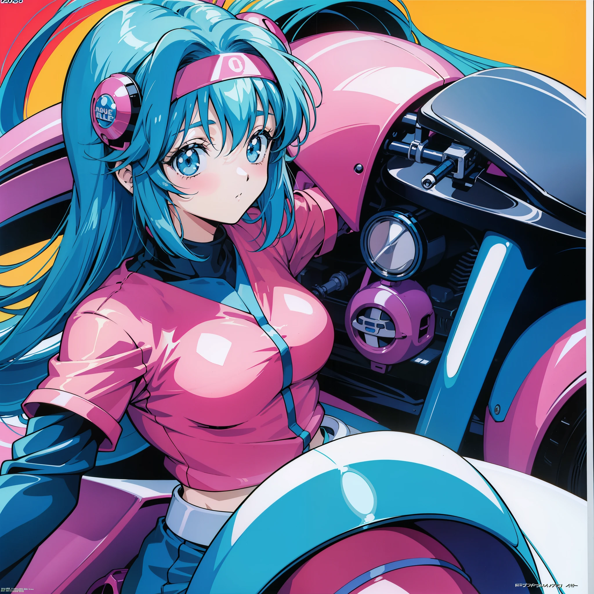 Anime girl wearing a helmet and riding a motorcycle，with the light on, 90's anime art style, 80&#39;s anime art style, In the art style of 80's anime, 9 0 s anime aesthetic, retro anime images, 90s anime style, 90s anime style, 80s anime style, 1980's anime style、poster of、blue hair