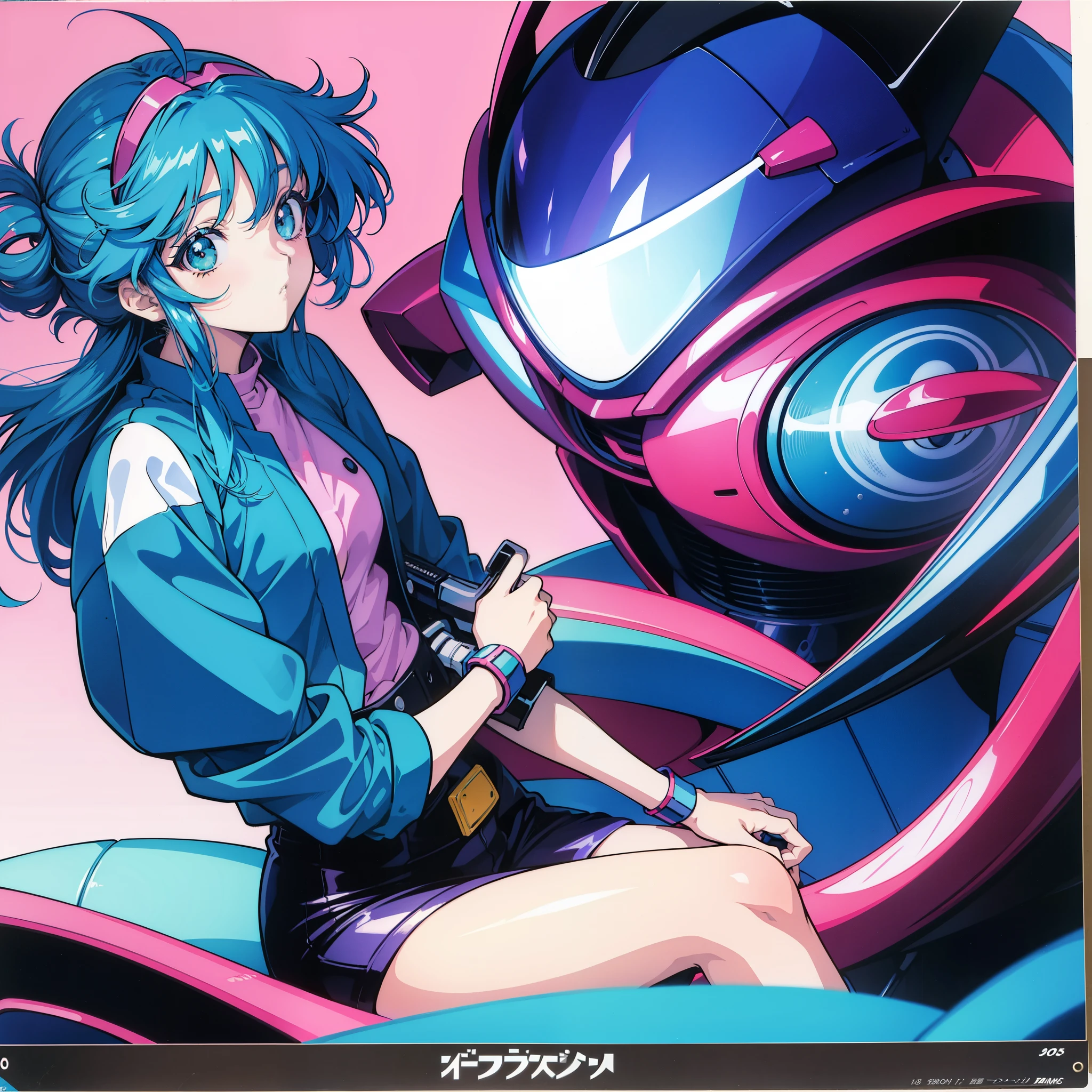 Anime girl wearing a helmet and riding a motorcycle,with the light on, 90's anime art style, 80's anime art style, In the art style of 80's anime, 9 0 s anime aesthetic, retro anime images, 90s anime style, 90s anime style, 80s anime style, 1980's anime style、poster of、blue hair