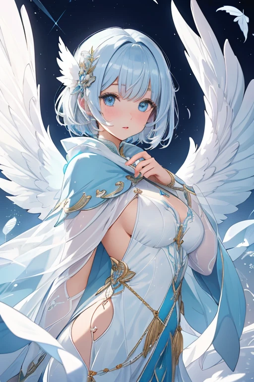 An anthropomorphic figure of a large eagle、woman、　feather-shaped hair ornament、Beautiful costume with a cloak that resembles wings、delicate hair of golden color、medium long hair、wavy hair、detailed face、Transparent eyes that suck you in、Moist lips、Super cute、Photorealistic