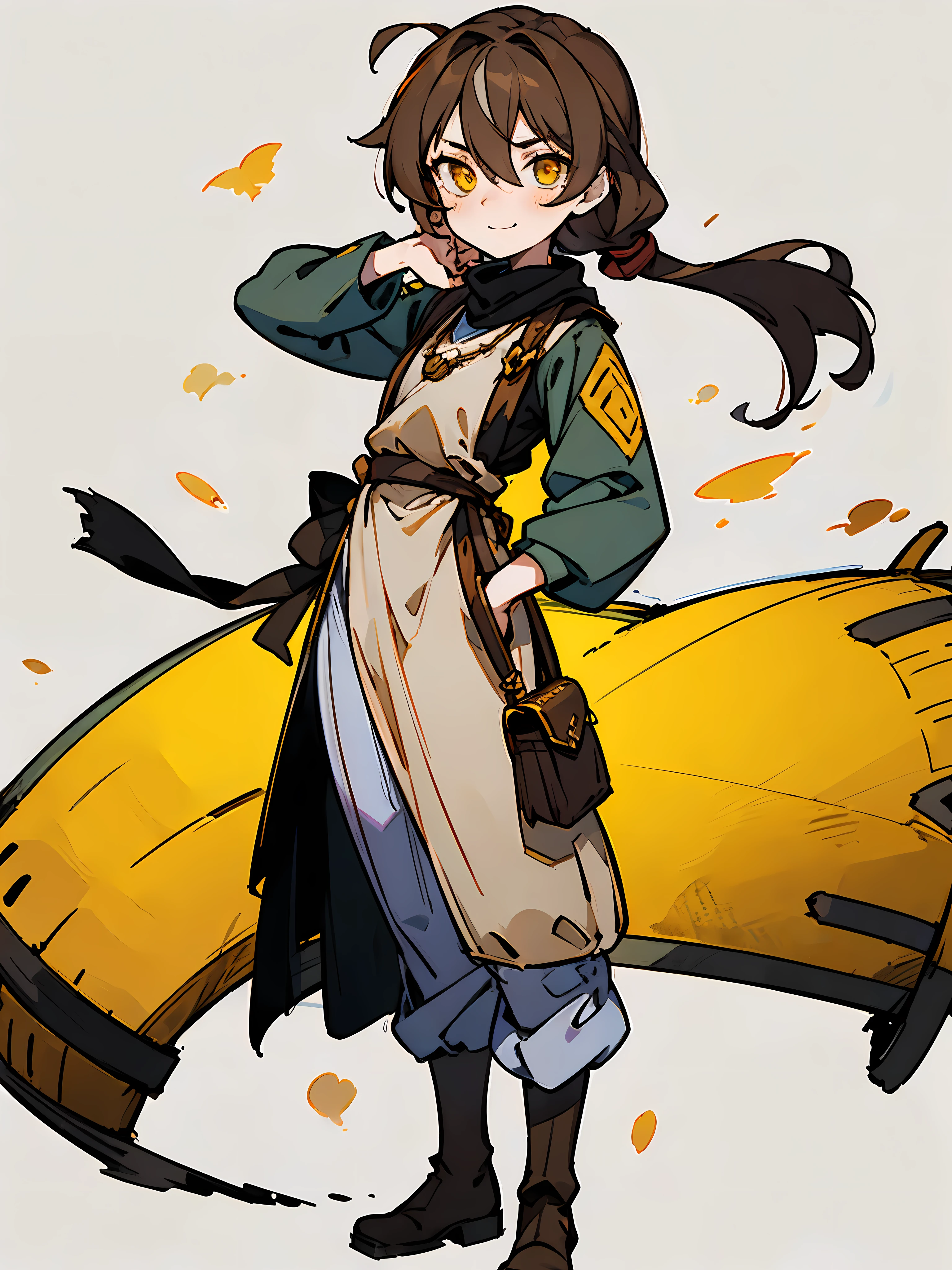 (finely detailed amber eyes: 1.2), (highly detailed:1.3), highly detailed face, pale skin, anime, young girl, bit confused expression, smirk, darkened eyes, long messy hair, hair between eyes, black stripe tied to hand, light brown hair, vertically stripped pantyhose, oversized tunic, fantasy medieval clothes, brown leather boots, solo, standing, simplified background