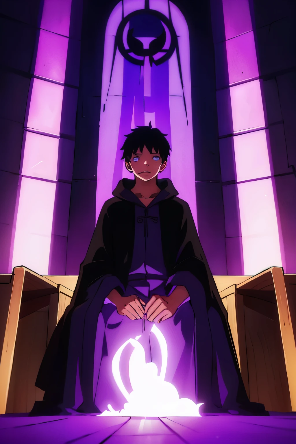 boy, black robes, hood, young, purple glow from hands, Inside the church