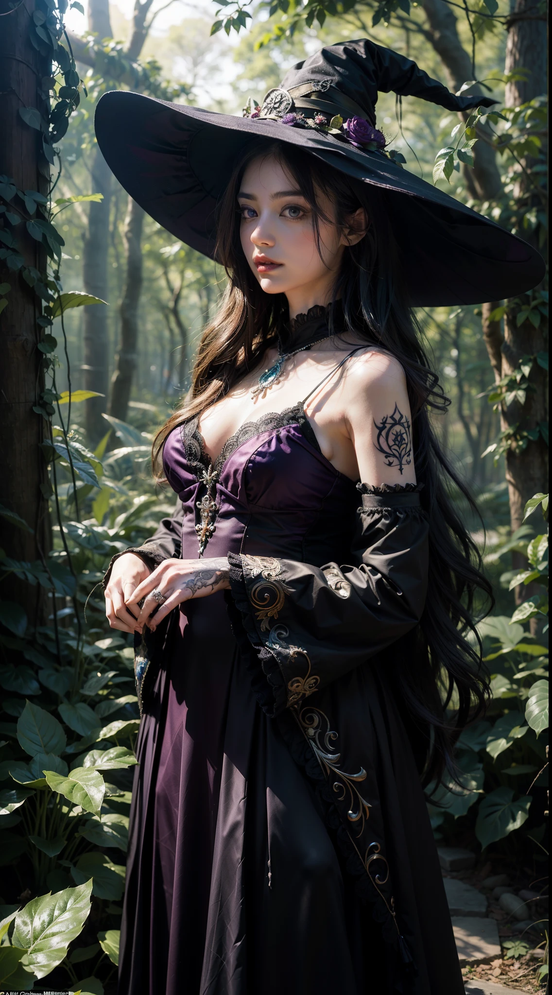((masterpiece)), a mesmerizing work of art,/*!*/ enchanted forest, (((best quality))), Ultra High Definition, ((an extremely delicate and beautiful)), intricately designed, (((ultra-detailed))), highly detailed CG illustration, ((1witch girl)), solo, full body, ((arms with runic tattoos)), expressing ancient magic, ((witch's hat)), proudly worn, Expressionless visage, ((deep purple eyes)), glowing with supernatural power, ((darkfantasy)), immersive and otherworldly, ((extreme detailed)), every leaf and petal rendered with care, ((colorful)), a vibrant palette, ((highest