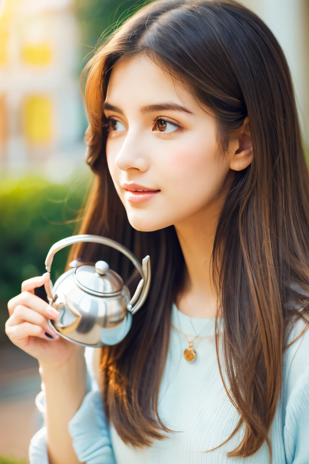 a girl holding a kettle,illustration,beautiful detailed eyes,beautiful detailed lips,extremely detailed eyes and face,long eyelashes,pastel colors,soft lighting,portrait,university student,fashionable attire,peaceful ambiance,light and shadows,subtle highlights,soft brush strokes,high-resolution:1.2,bright colors,vibrant tones,expressive emotions,trendy outfit,natural beauty,warm atmosphere,classical art style