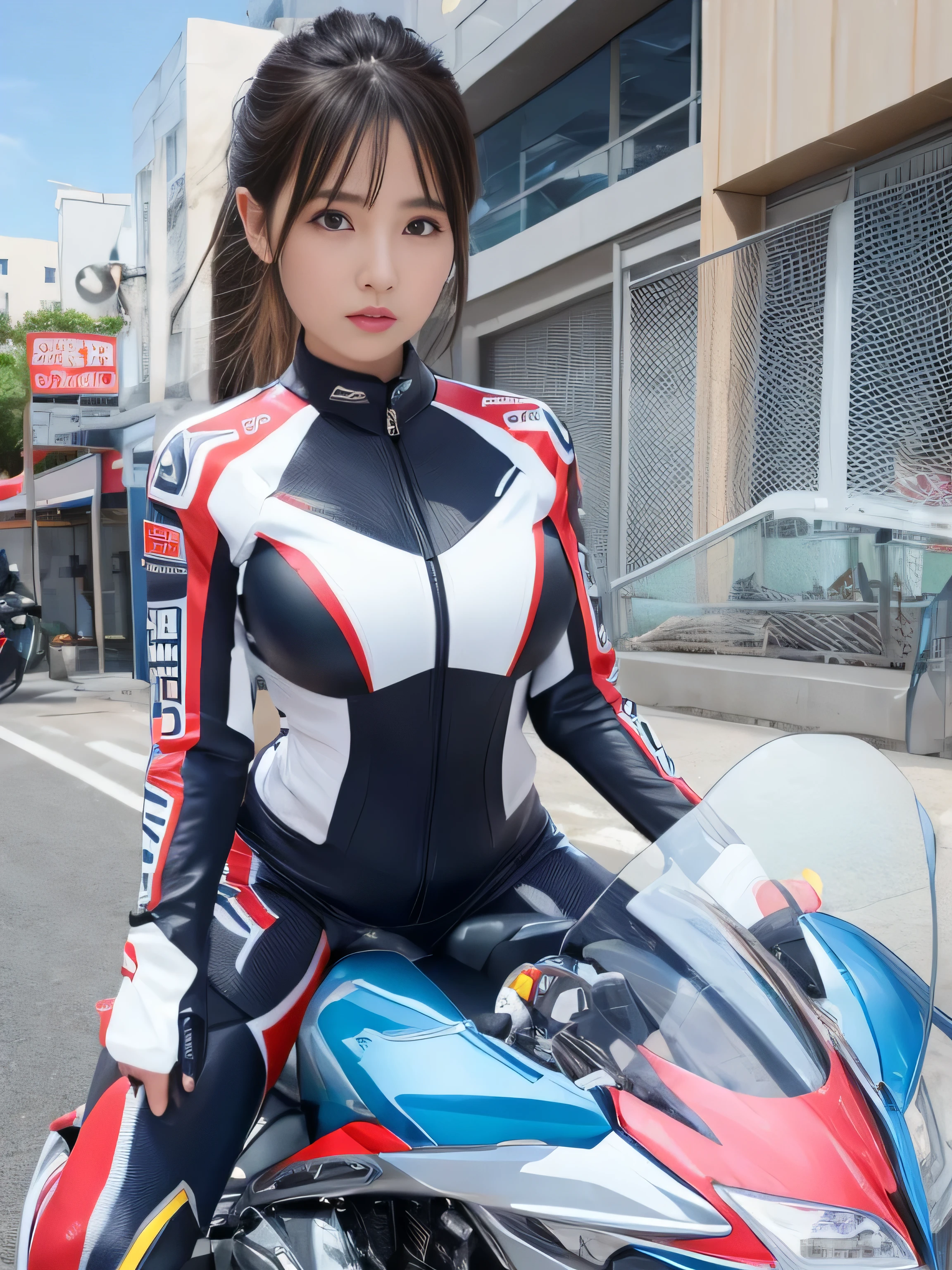 8K,ultra high resolution,highest quality、masterpiece、ultra high resolution、(photo-realistic:1.4)、(1 girl)、(ride a motorcycle:1.4)、long sleeve、(leather blue&Sexy Racing Suit in White)、(short hair)、(hair blowing in the wind)、ultra detailed human face、Moisturizing and beautiful eyes, ultradetailed teeth、pink lipstick、circuitry、race bike、Charm,big and full breasts,captivating gaze,riding on motorcycle,my chest is open, blue sky,