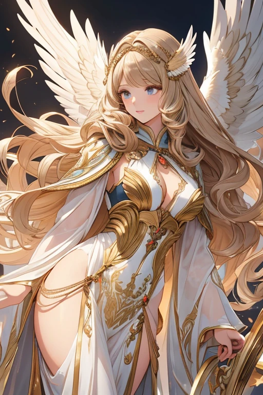 An anthropomorphic figure of a large eagle、woman、　feather-shaped hair ornament、Beautiful costume with a cloak that resembles wings、delicate hair of golden color、medium long hair、wavy hair、detailed face、Transparent eyes that suck you in、Moist lips、Super cute、Photorealistic