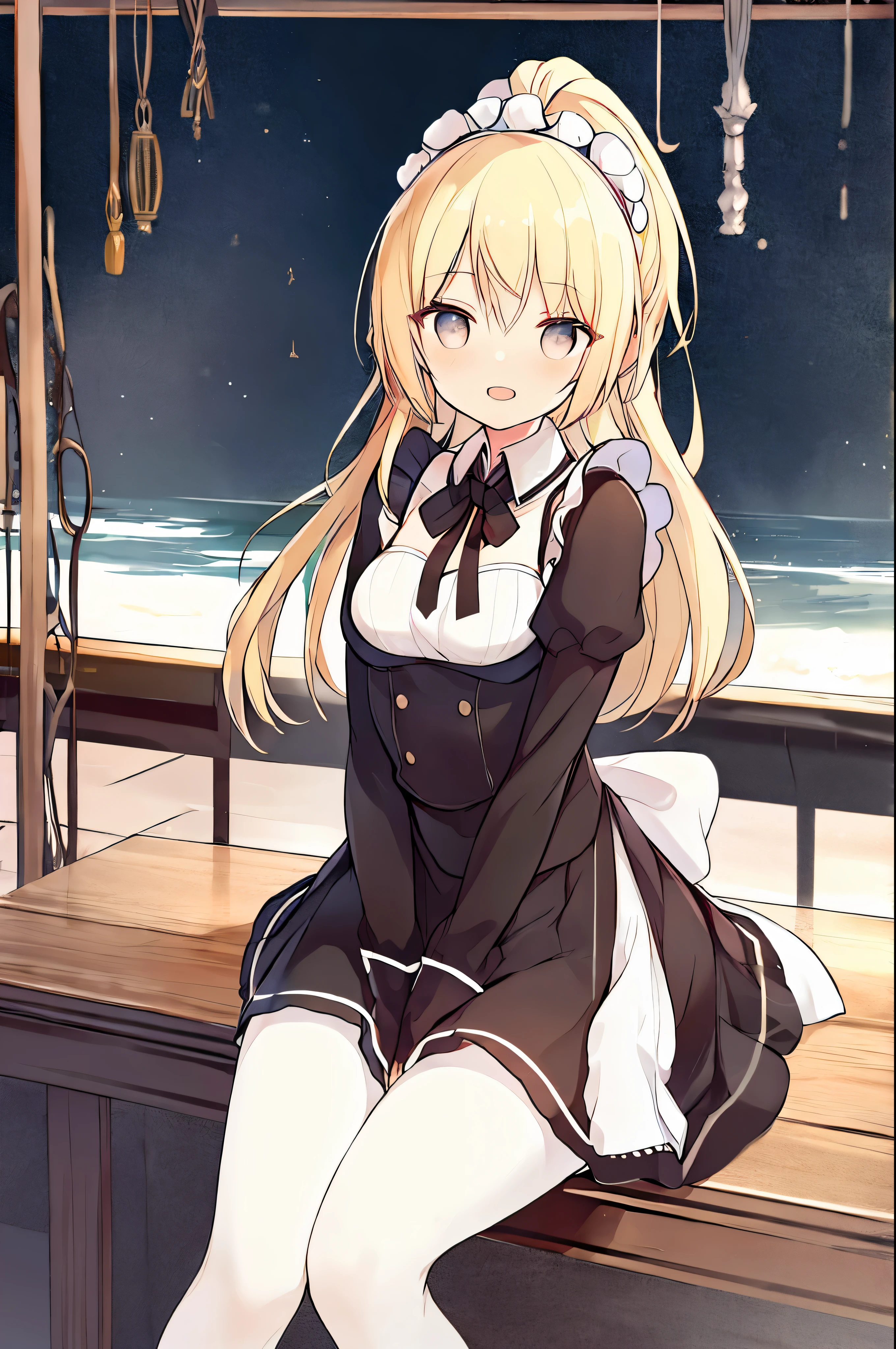 photorealistic, highres, detailed, cute woman with maid outfit, open mouth, blond hair, ponytail, embarrassed smile, blush, mini skirt, sit on chair, from side