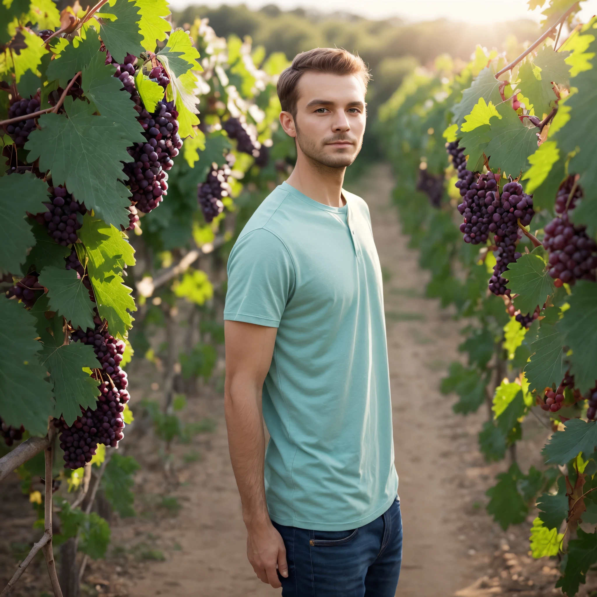 one man 27 years old standing looking the grapes, wear green tshirt, there is a bunch of grapes hanging from a vine in the sun, translucent grapes, translucent grapes closeup, soft light 4 k in pink, grapes, grape, wine, seen from below, beautiful image, vines hanging down, connected to nature via vines, pink sunlight, heaven pink, shades of pink, sunny morning light, close up,