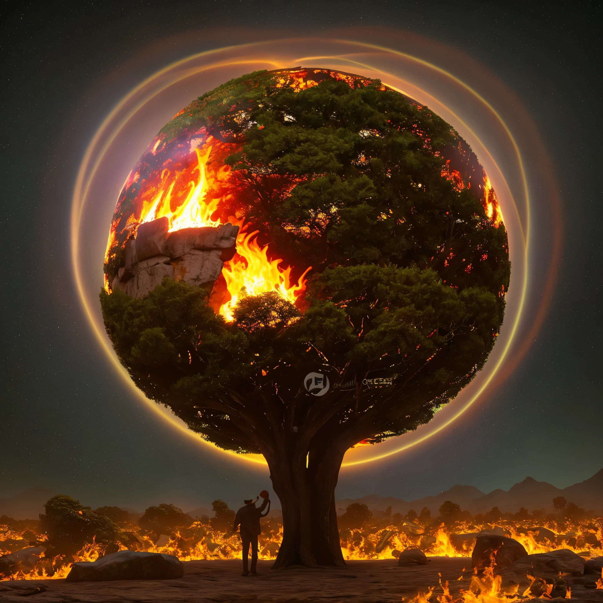 The flames are burning in a circle shape, fogoso, icon with a halo of fire, Anel de fogo, bola de fogo, chama, um fogo laranja no fundo, homem, fire type, (fire), esfera preta de fogo, Firenado, Infero Flamejante, Inferno, tema fogo, fire, fogo do inferno, infernal, chamajante, derretido imagem arfed de uma bola de vidro com uma paisagem dentro, Arte 3D digital detalhada, tree of life inside the ball, Arte digital altamente detalhada em 4k, arte digital altamente detalhada, arte digital estilizada, pintura digital altamente detalhada, bola de vidro, pintura digital altamente detalhada, arte digital altamente detalhada, 3 d render bipe, 8k arte impressionante