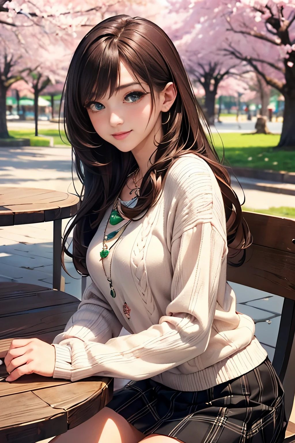 ((table top, highest quality, High resolution, nffsw, perfect pixel, Depth of bounds written, 4K, nffsw, nffsw))), 1 girl, single, alone, beautiful anime girl, beautiful art style, anime character, ((long hair, bangs, brown hair)), ((green eyes:1.4, round eyes, beautiful eyelashes, realistic eyes)), ((detailed face, blush:1.2)), ((smooth texture:0.75, realistic texture:0.65, realistic:1.1, Anime CG style)), dynamic angle, ((throw, Selfie Pose, portrait)), ((white sweater, long sleeve, black skirt, plaid skirt, Snazzy, 1 handbag, 1 diamond necklace)), smile, amusement park, ((Cherry tree, Cherry blossoms fall))