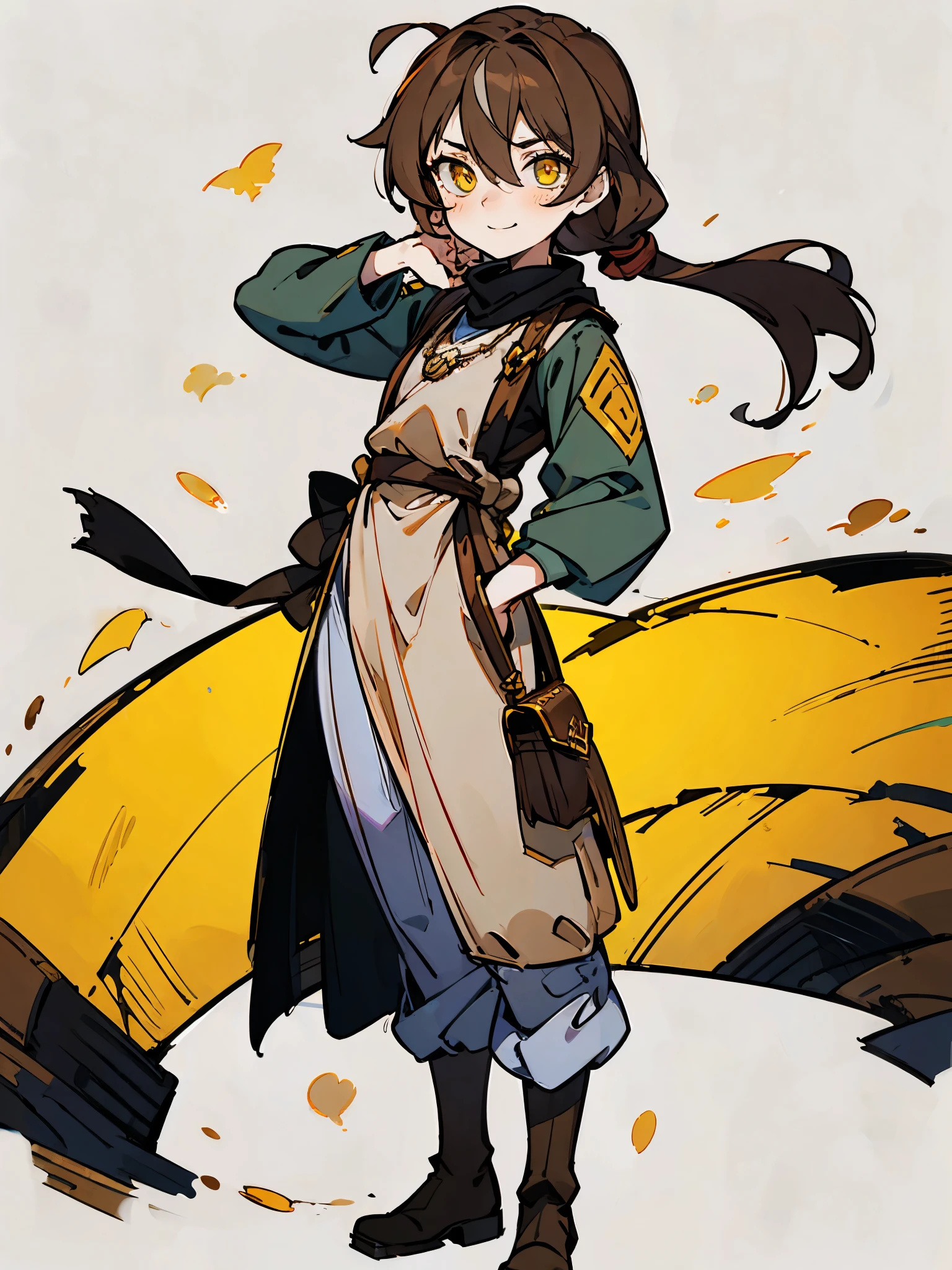 (finely detailed amber eyes: 1.2), (highly detailed:1.3), highly detailed face, pale skin, anime, young girl, bit confused expression, smirk, darkened eyes, long messy hair, hair between eyes, black stripe tied to hand, light brown hair, vertically stripped pantyhose, oversized tunic, fantasy medieval clothes, brown leather boots, solo, standing, simplified background