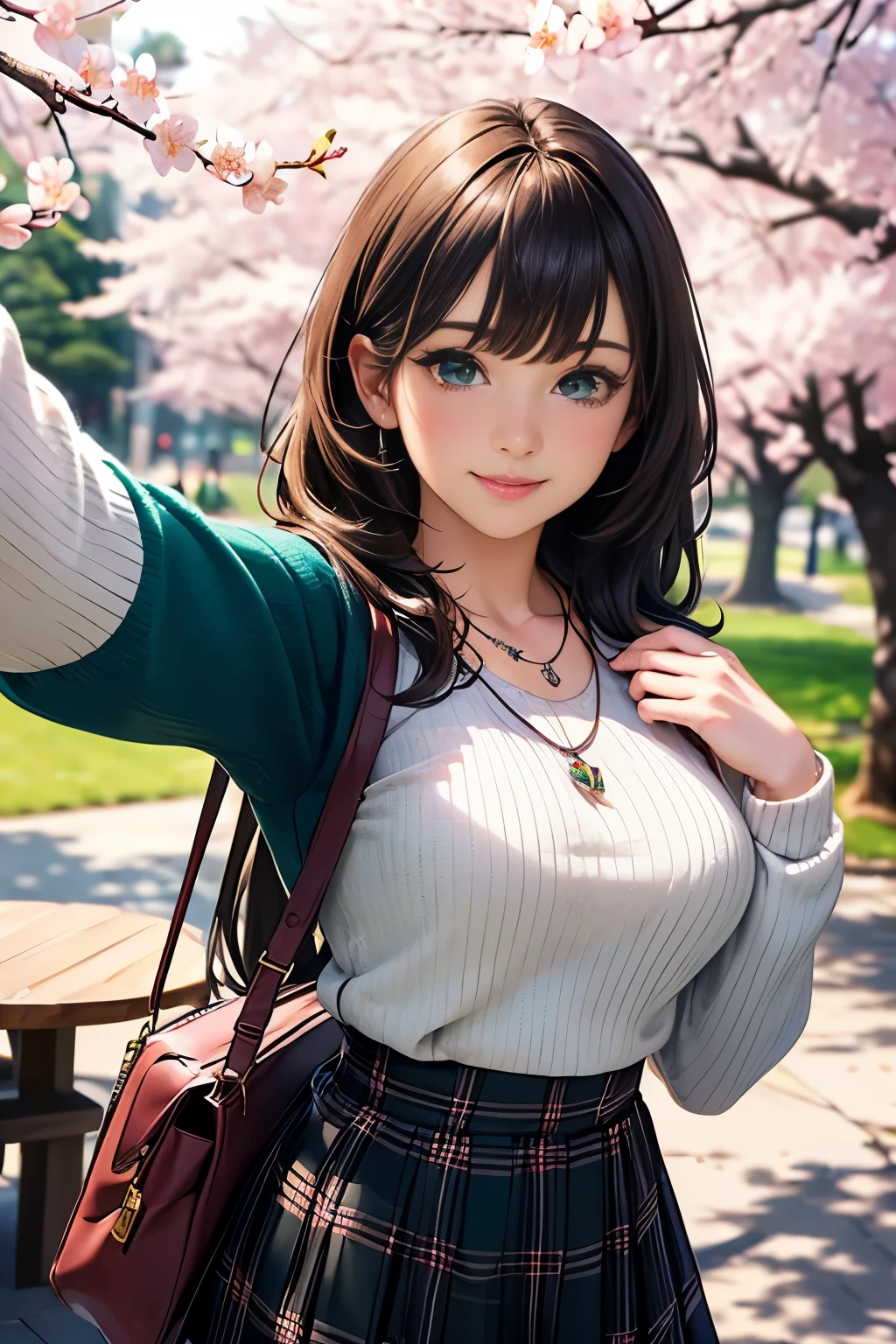 ((table top, highest quality, High resolution, nffsw, perfect pixel, written boundary depth, 4K, nffsw, nffsw))), 1 girl, single, alone, beautiful anime girl, beautiful art style, anime character, ((long hair, bangs, brown hair)), ((green eyes:1.4, round eyes, beautiful eyelashes, realistic eyes)), ((detailed face, blush:1.2)), ((smooth texture:0.75, realistic texture:0.65, realistic:1.1, Anime CG style)), dynamic angle, ((throw, Selfie Pose, portrait)), ((white sweater, long sleeve, black skirt, plaid skirt, Fashionable, 1 handbag, 1 diamond necklace)), smile, amusement park, ((cherry blossoms, cherry blossomsの花が散る))