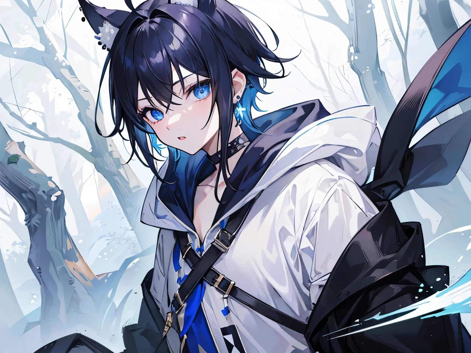 masterpiece、highest quality、1 boy、black hair、short wolf hair、earrings、wolf ears、double teeth、slanted eyes、blue eyes、mesh、Ahoge、Blue hoodie、Mysterious Forest、has a large sword