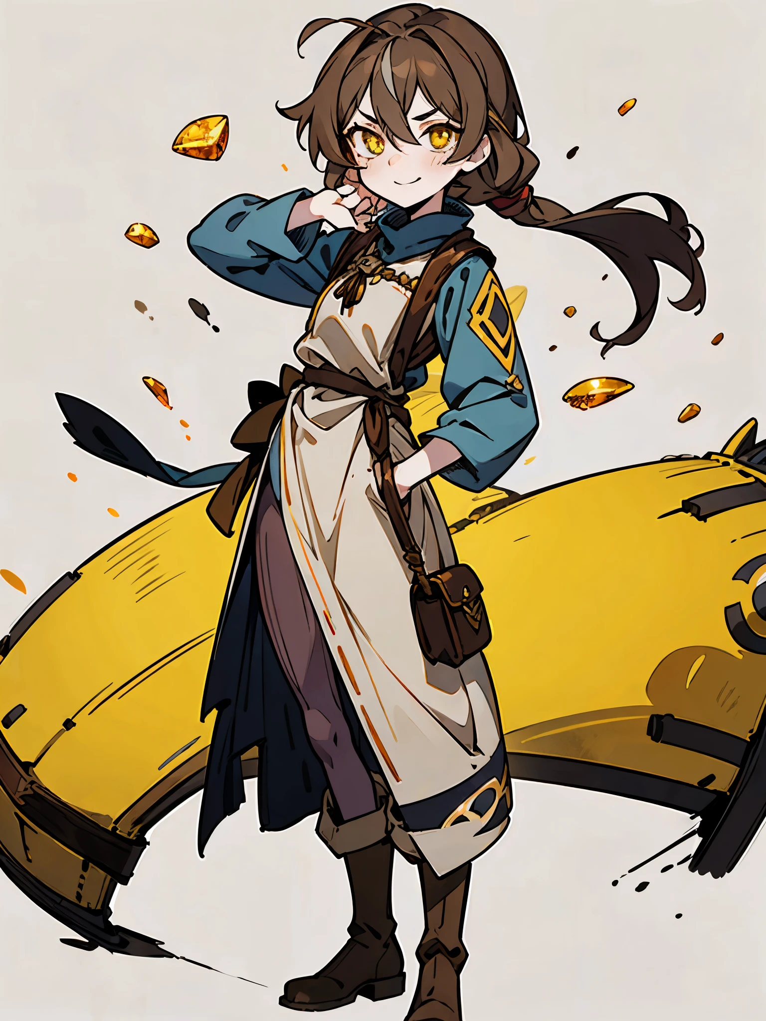 (finely detailed amber eyes: 1.2), (highly detailed:1.3), highly detailed face, pale skin, anime, young girl, bit confused expression, smirk, darkened eyes, long messy hair, hair between eyes, black stripe tied to hand, light brown hair, vertically stripped pantyhose, oversized tunic, fantasy medieval clothes, brown leather boots, solo, standing, simplified background 