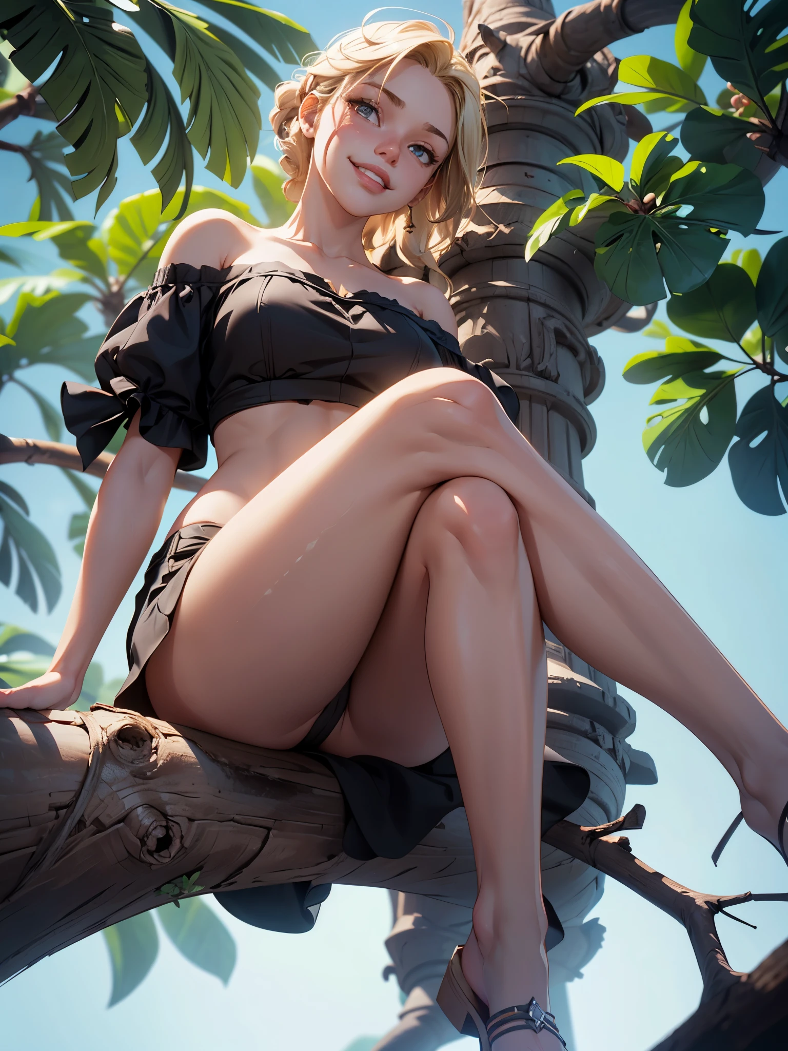 1girl, blonde, (sitting:1.1) on tree branch, lewd, bardot top, (bare shoulders:1.2), (from below:1.5), (looking down at viewer:1.4), (smirk:1.2), waving, legs off the ledge, (Maya 3d render:1.05), (hires, high resolution:1.3), subsurface scattering, ambient occlusion, bloom