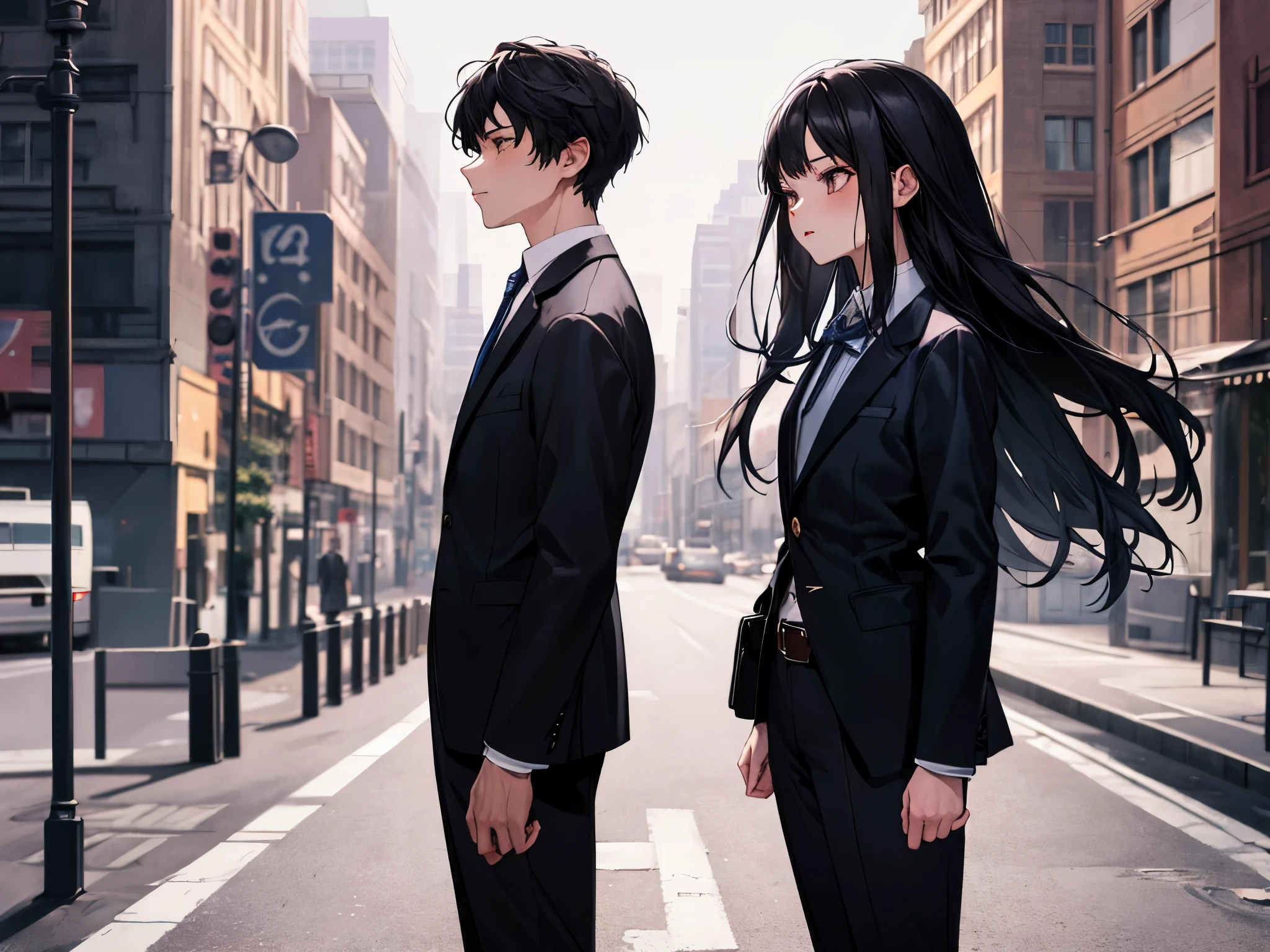 masterpiece, highest quality, 1 girl, long black hair, blue blazer, Formal shirts, belt, city street