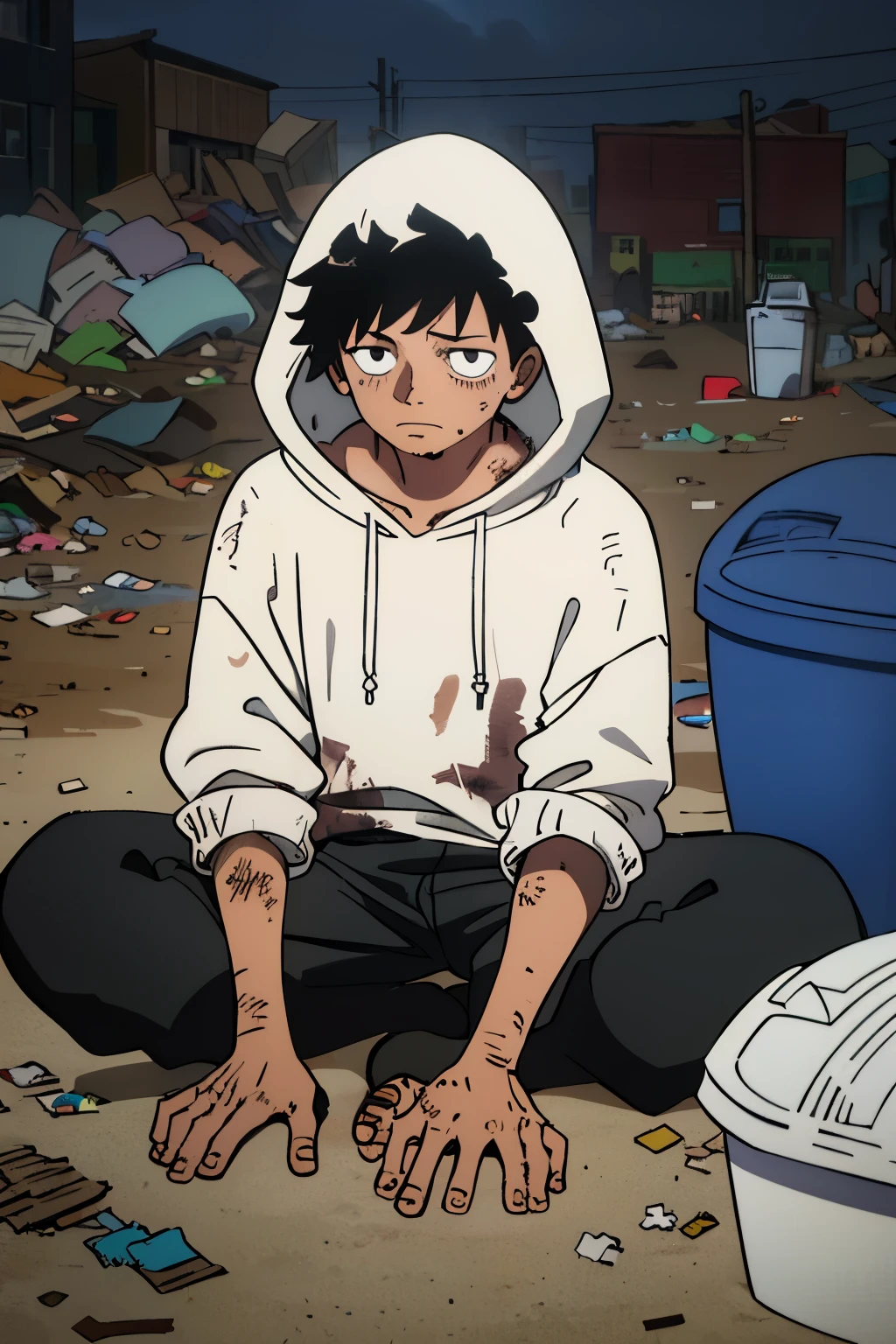 boy, dirty clothes, torn clothes, hood, Sad look, homeless, landfill in the background, huge pile of garbage in the background