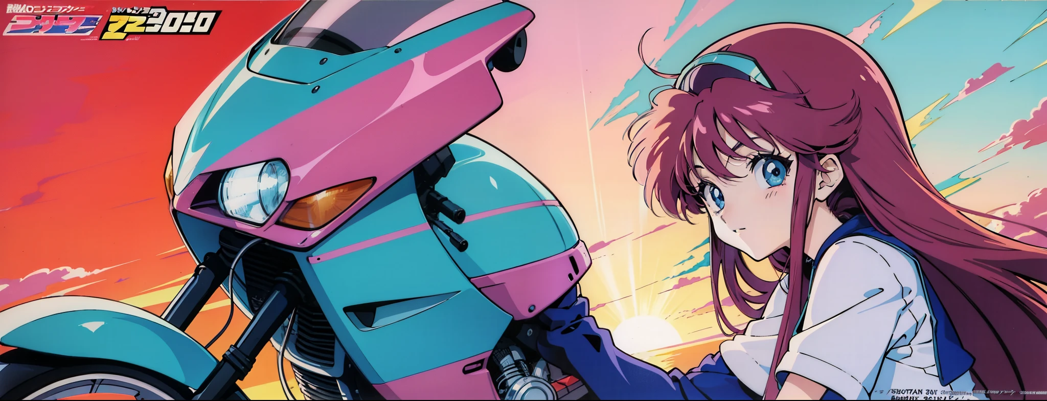 Anime girl wearing a helmet and riding a motorcycle,with the light on, 90's anime art style, 80's anime art style, In the art style of 80's anime, 9 0 s anime aesthetic, retro anime images, 90s anime style, 90s anime style, 80s anime style, 1980's anime style、poster of