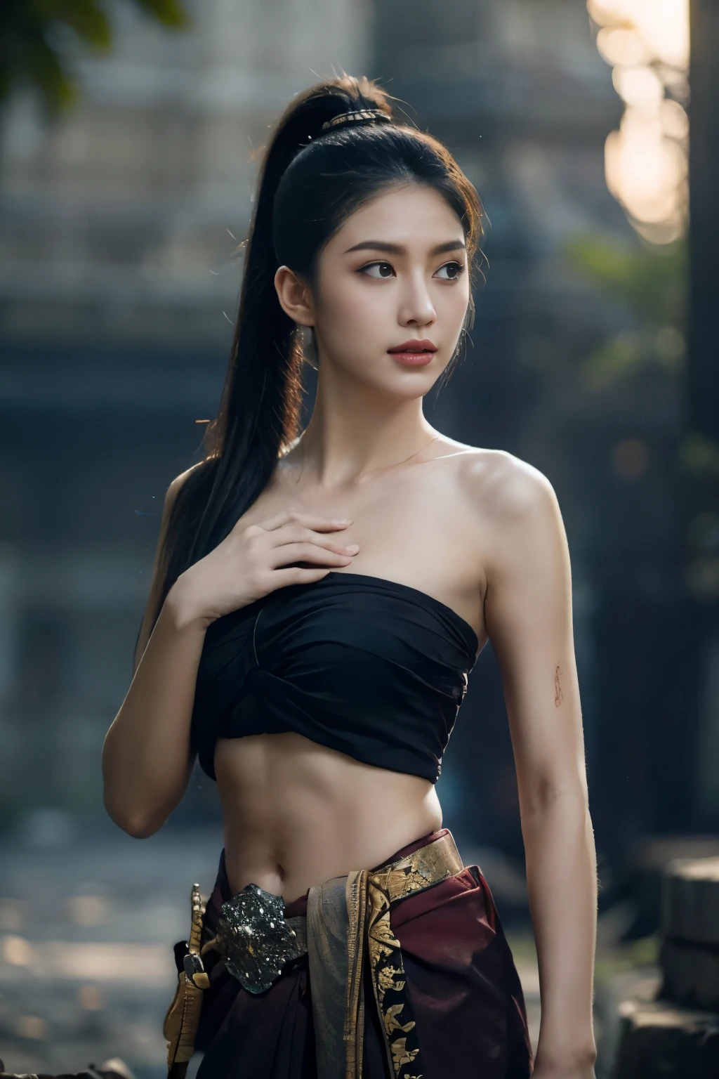 beautiful girl,knees up alone on the battlefield,smoke,Navy blue strapless shirt, Long ponytail,black eyes,abdominal muscles,proportional body,Morning sunshine,(eyes looking forward:1.2),Ruins of a Thai temple,(her hands carrying sword),