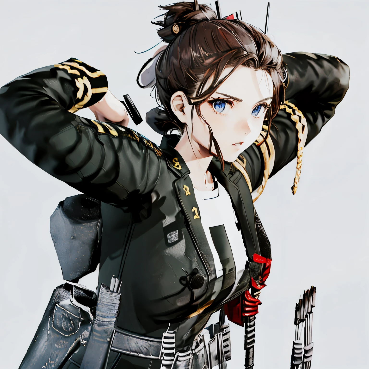 1female, 21 years old, outside, bow in hand, aiming bow, bow and arrow, hunting, brown hair in a messy bun, blue eyes, air force pilot.
