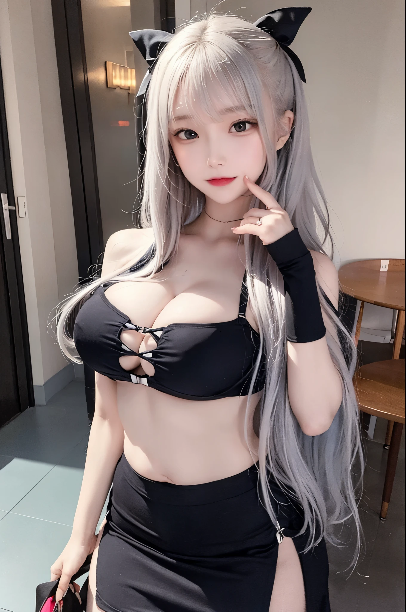 black and white, silver 3 color hair, long hair, Off shoulder, Pencil skirt, -yeld fee,masterpiece,high quality, light skin, Brightly shining hair, (skinny:1.4), masterpiece,best quality, cute girl, Distinct image, full bangs, cute,skinny stomach,narrow waist,looking for viewer,dark double eyelids, Aegyo-sal under dark eyes,seductive smile,skin tight,nipples,kpop idols, aegyo sal, seductive smile,hair ribbon decoration,A little bit of cleavage is visible,[midriff],Wearing clothes that don&#39;t show your stomach,stocking,My stomach is dry