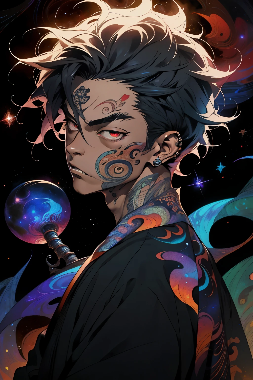 Realistic, (Masterpiece, Top Quality, Best Quality, Official Art, Beauty and Aesthetics, atmospheric, cosmic, gothic, psychedelic: 1.2), Very Detailed, Fractal Art, Colorful, Most Detailed, Zentangle, (Abstract Background: 1.5) (1boy: 1.3), demon, oni horns, long White Hair, Hair, (Glowing Red Eyes, tons oftattoos and piercings), Mysterious, (dark Magic), Handsome Man, japanese folklore Style