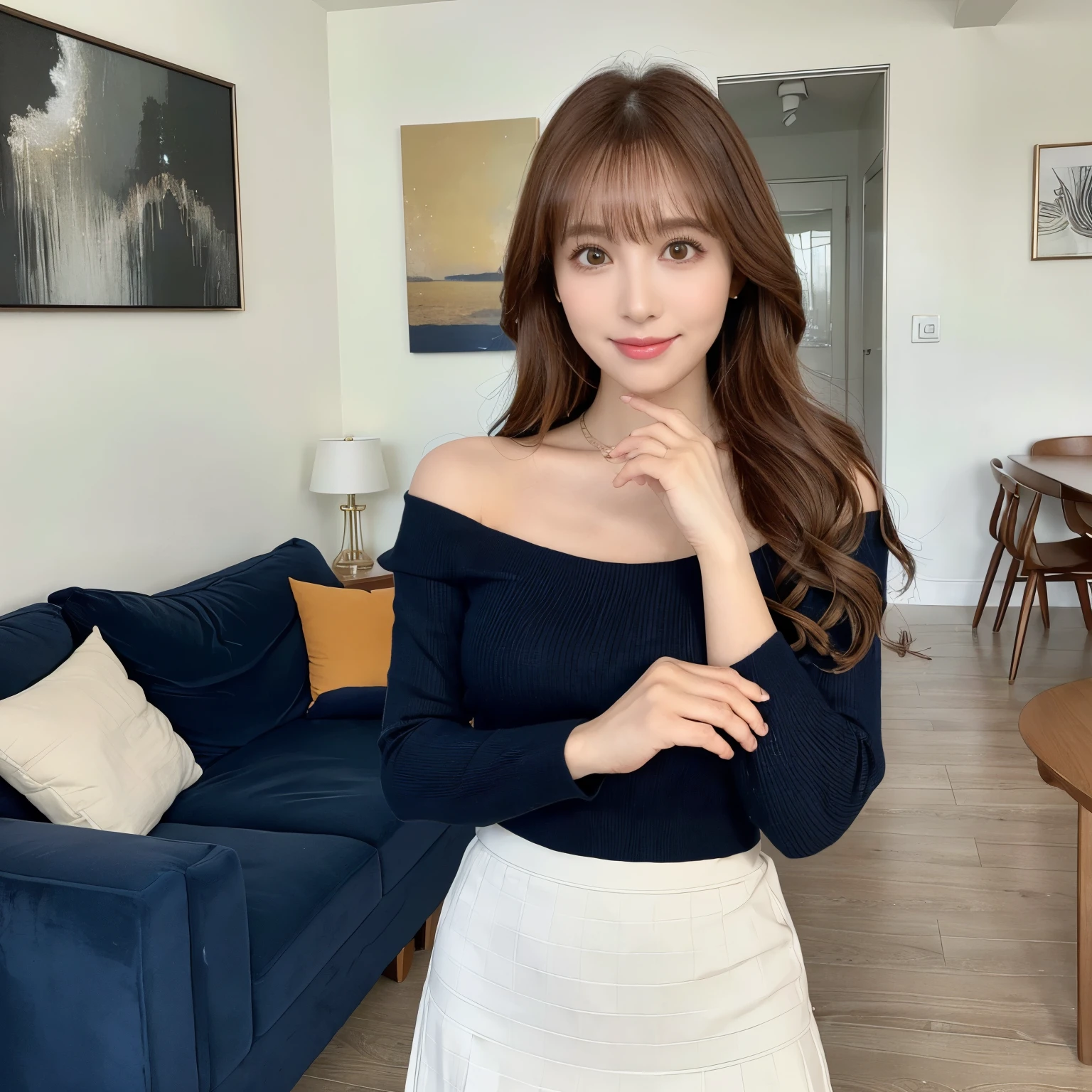 (highest quality、table top、8K、best image quality、Award-winning work)、one beautiful woman、(The classiest navy top with the smoothest texture:1.3)、(The most elegant and smooth textured tight skirt:1.3)、Shining beautiful skin、super high detail skin、(accurate anatomy:1.2)、The most classy apartment living room、The most classy living room interior、A gentle smile looking at me、(photo on the chest:1.1)、Standing gracefully、(stand gracefully:1.1)、Very bright and clean、(blurred background:1.2)、photo portrait、(low contrast:1.1)、(Draws softly and smoothly:1.1)、(very romantic:1.1)、(very moody:1.1)、(very bright:1.1)、(very bright and refreshing:1.1)、Refreshing colors of youth、illuminated white skin、(The most natural and practical real furniture arrangement:1.1)、(The most classy apartment living roomに立つ:1.1)、very bright and vivid、(Real Yua Mikami'face:1.1)、(Highly detailed Real Yua Mikami'face:1.1)、(Yua Mikami'Perfect face drawn in every detail:1.1)、no makeup