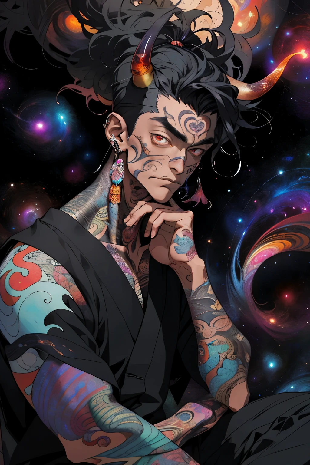 Realistic, (Masterpiece, Top Quality, Best Quality, Official Art, Beauty and Aesthetics, atmospheric, cosmic, gothic, psychedelic: 1.2), Very Detailed, Fractal Art, Colorful, Most Detailed, Zentangle, (Abstract Background: 1.5) (1boy: 1.3), demon, oni horns, long White Hair, Hair, (Glowing Red Eyes, tons oftattoos and piercings), Mysterious, (dark Magic), Handsome Man, japanese folklore Style