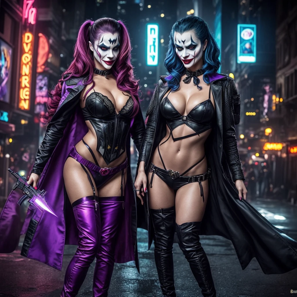 (complex two subjects) best quality,4k,8k,highres,masterpiece:1.2),ultra-detailed,(realistic,photorealistic,photo-realistic:1.37),(Sofía Vergara as the sexy Joker. With her alluring charm, she embodies the mischievousness and playfulness of the character. Her eyes captivate with their mesmerizing gaze, drawing you into her world. Her detailed lips, slightly parted in a seductive smile, add to her allure. (Sofia has Iconic Joker makeup, iconic Joker hair dye, and insane sexy hair))(subject 2), Kelly Hu takes on the role of Harley Quinn, exuding a distinct sense of craziness and mischief. She flirts with danger and steals the spotlight with her flirtatious expressions and exaggerated gestures. Her vibrant makeup and colorful hair reflect the colorful chaos that surrounds her. The scene is set in the immersive world of Gotham City, with its dark and brooding atmosphere. The city skyline, illuminated by the neon lights of the Joker's antics, creates a haunting backdrop. Both characters are armed with Joker weapons, showcasing their dangerous and unpredictable nature. Sofía Vergara wields an intricately designed weapon, showcasing her power and control. Kelly Hu's weapon complements her wild and unpredictable personality, adding an extra touch of chaos to the scene. The color palette leans towards vibrant and bold hues, reflecting the flamboyant and larger-than-life personalities of the characters. The lighting is dramatic, casting shadows and highlighting the characters' features, adding depth and intensity to the scene. The resulting image is a high-quality masterpiece that captures the essence of these two iconic characters, bringing them to life in a visually stunning and immersive way. (show both women, full body shot, head to toe)