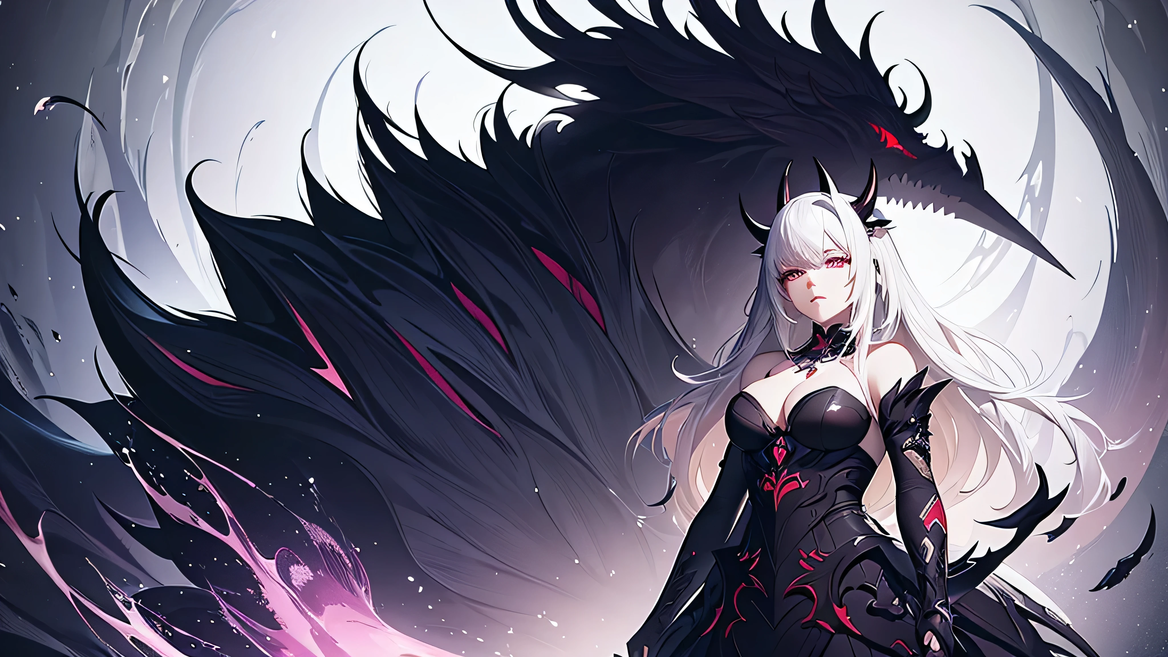 anime style art, short 1girl with long fluffy white hair, tall 1guy with medium fluffy black hair, 2 people, couple holding hands, red eyes, one horn, shattered horn, dark bedroom, one black horn, Stunning Digital Illustration, beautiful digital works of art, gorgeous digital art, Exquisite digital illustration, stunning digital painting, Beautiful digital art, beautiful gorgeous digital art, stunning digital art, amazing digital art, Gorgeous Digital Painting, beautiful digital illustrations, highly detailed digital artwork, 