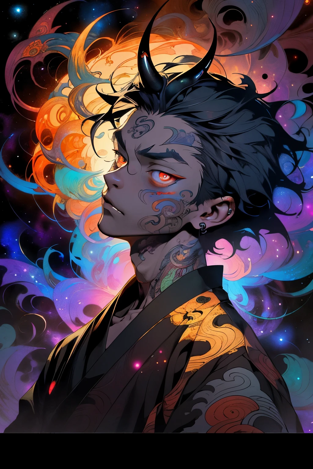 Realistic, (Masterpiece, Top Quality, Best Quality, Official Art, Beauty and Aesthetics, atmospheric, cosmic, gothic, psychedelic: 1.2), Very Detailed, Fractal Art, Colorful, Most Detailed, Zentangle, (Abstract Background: 1.5) (1boy: 1.3), demon, oni horns, long White Hair, Hair, (Glowing Red Eyes, tons oftattoos and piercings), Mysterious, (dark Magic), Handsome Man, japanese folklore Style